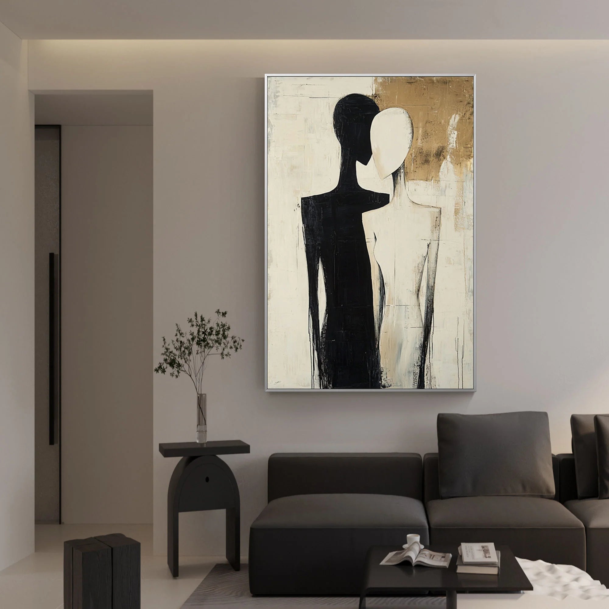 Silhouette Souls – Hand-Painted Black and Beige Abstract Couple Figure Portrait Painting | Contemporary Expressionist Living Room & Office Art