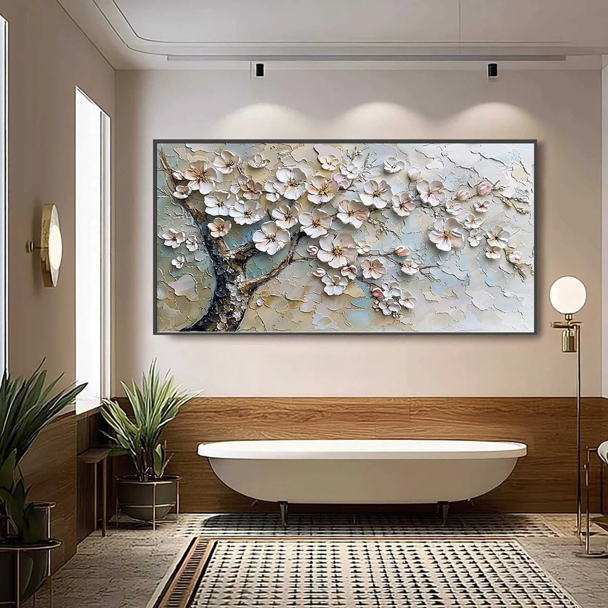 ALABASTER BLOOM: Floral Wall Art, Hand-Painted White Blossom 3D Relief Palette Knife Heavy Texture Canvas Painting