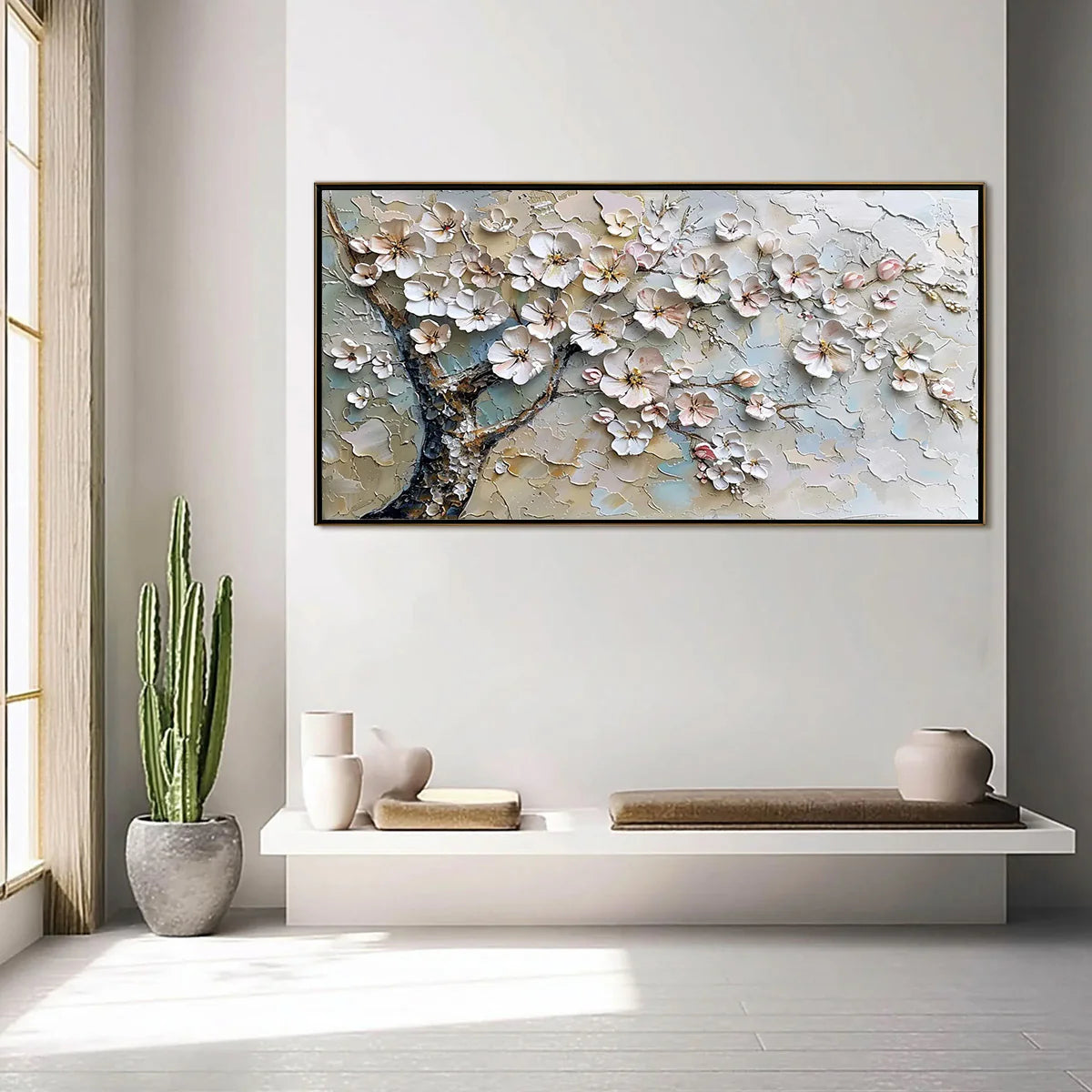 ALABASTER BLOOM: Floral Wall Art, Hand-Painted White Blossom 3D Relief Palette Knife Heavy Texture Canvas Painting