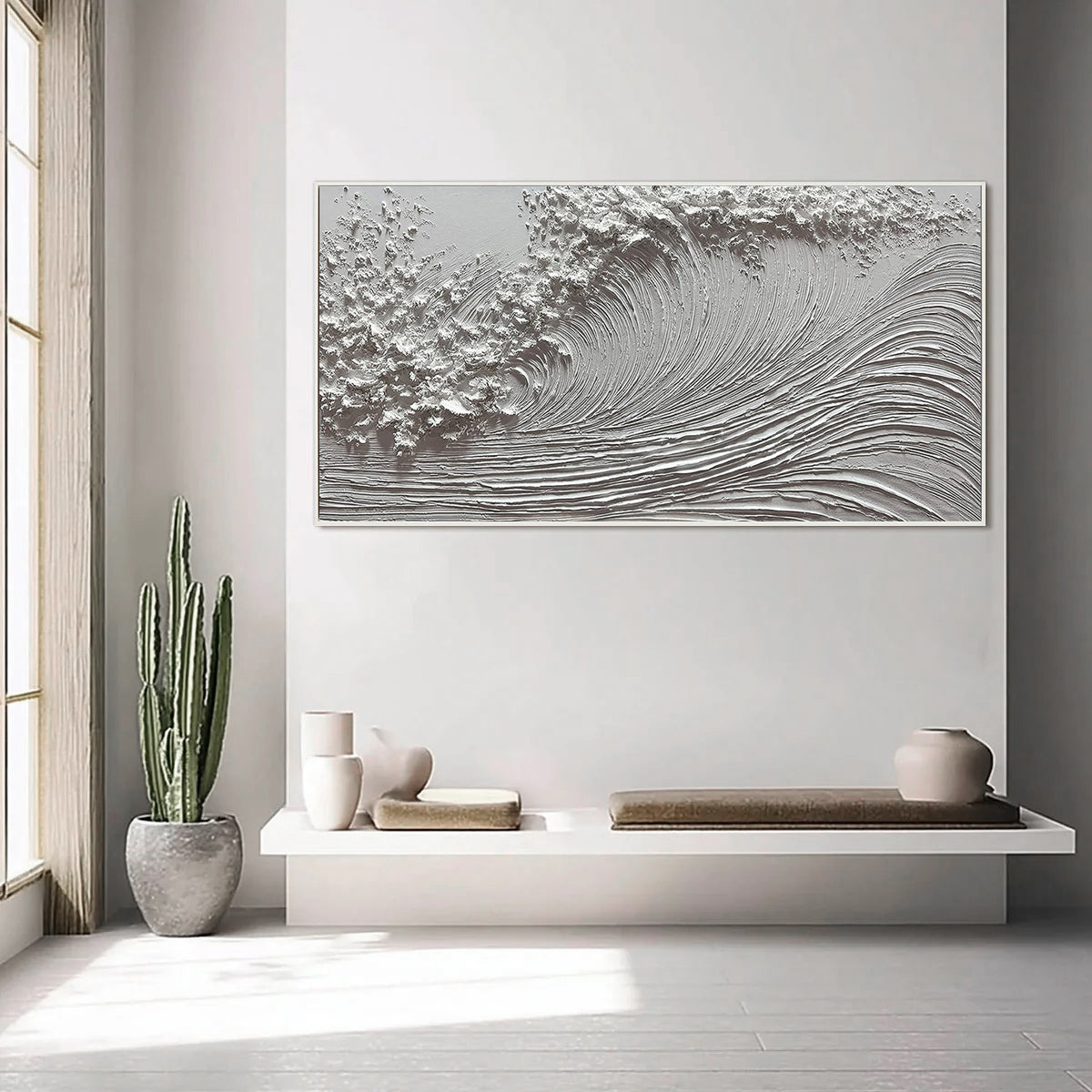 The Silent Swell – All White Minimalist Textured Ocean Wave Art | Wabi-Sabi Heavy Impasto Home Office Art