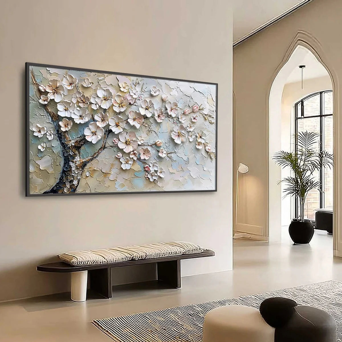 ALABASTER BLOOM: Floral Wall Art, Hand-Painted White Blossom 3D Relief Palette Knife Heavy Texture Canvas Painting