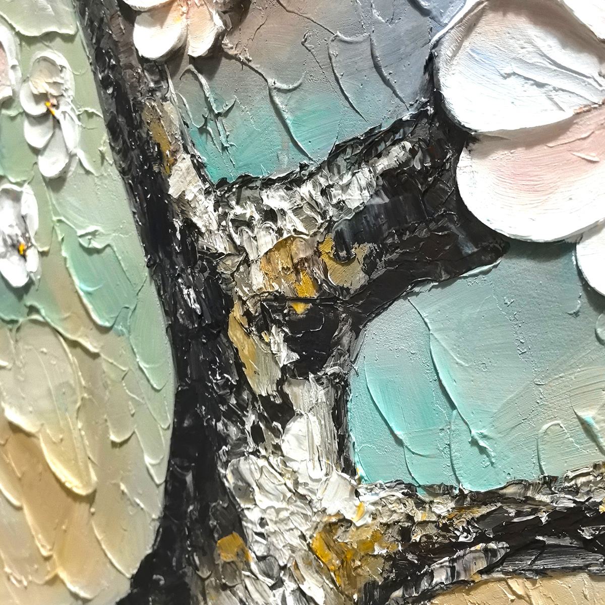 ALABASTER BLOOM: Floral Wall Art, Hand-Painted White Blossom 3D Relief Palette Knife Heavy Texture Canvas Painting