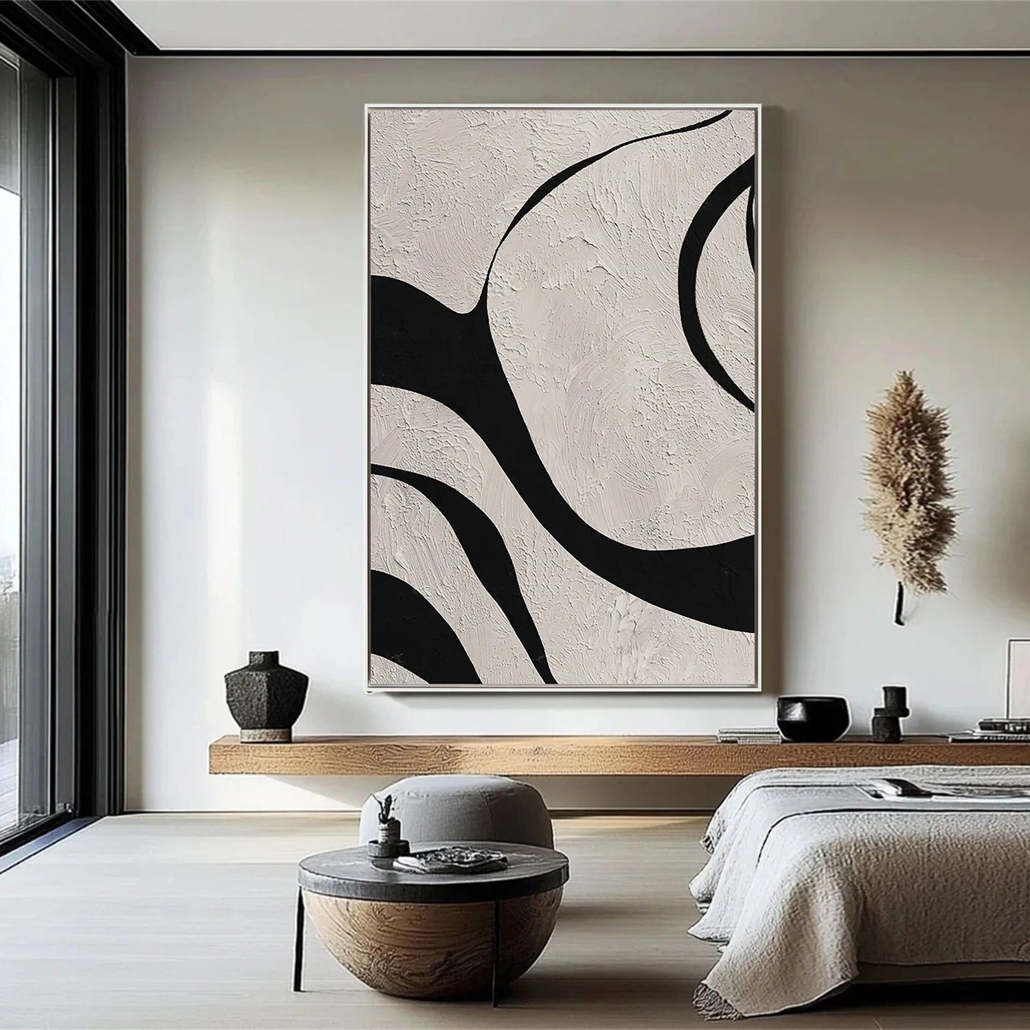 Mono Flow – Hand-Painted Black and White Bold Curve Abstract Minimalist Painting | Bold Minimalist Bedroom & Home Office Art