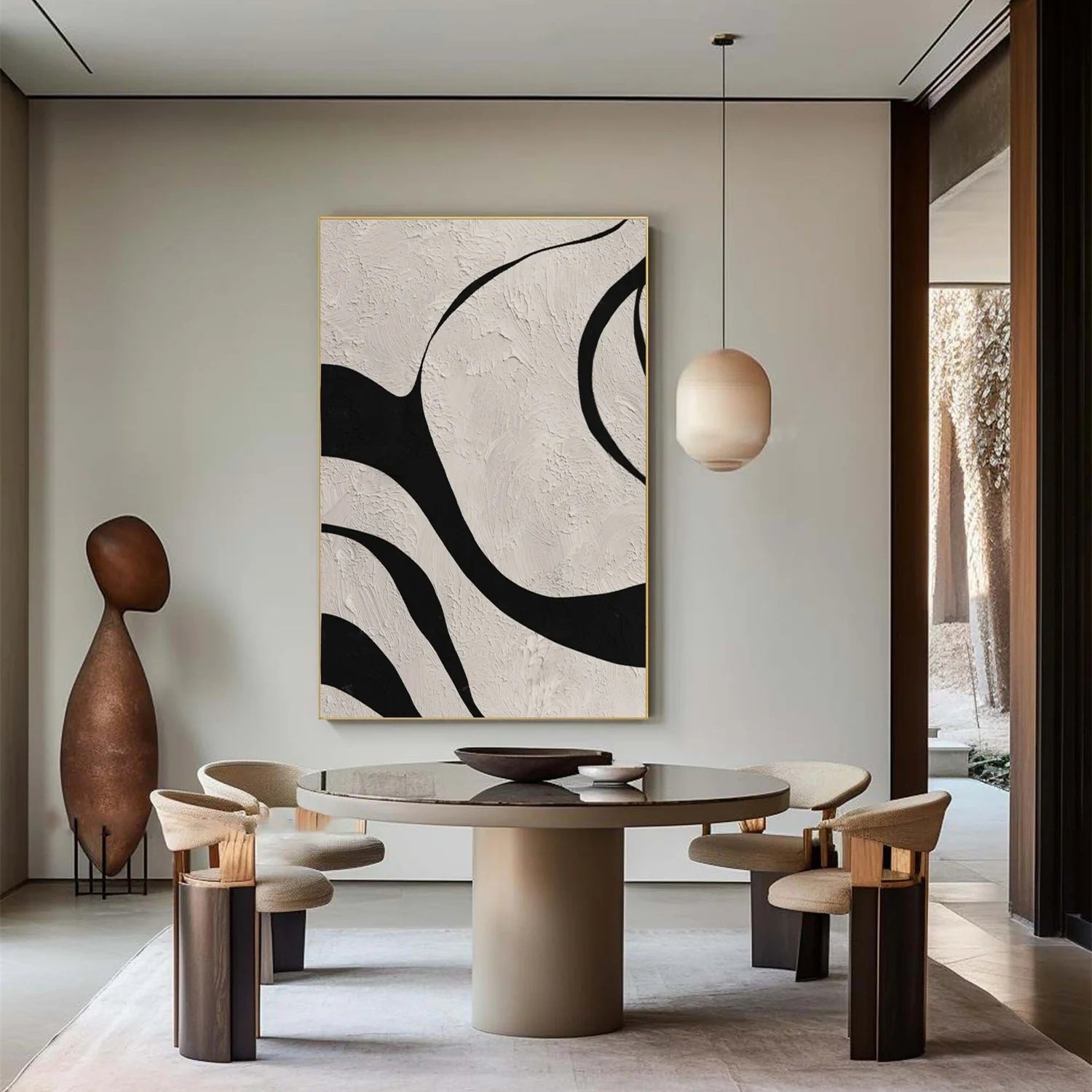 Mono Flow – Hand-Painted Black and White Bold Curve Abstract Minimalist Painting | Bold Minimalist Bedroom & Home Office Art