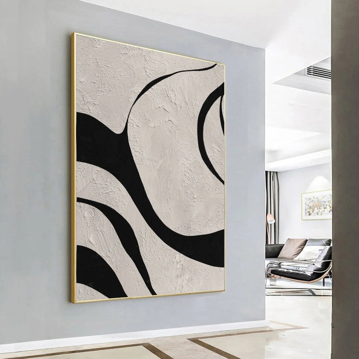 Mono Flow – Hand-Painted Black and White Bold Curve Abstract Minimalist Painting | Bold Minimalist Bedroom & Home Office Art