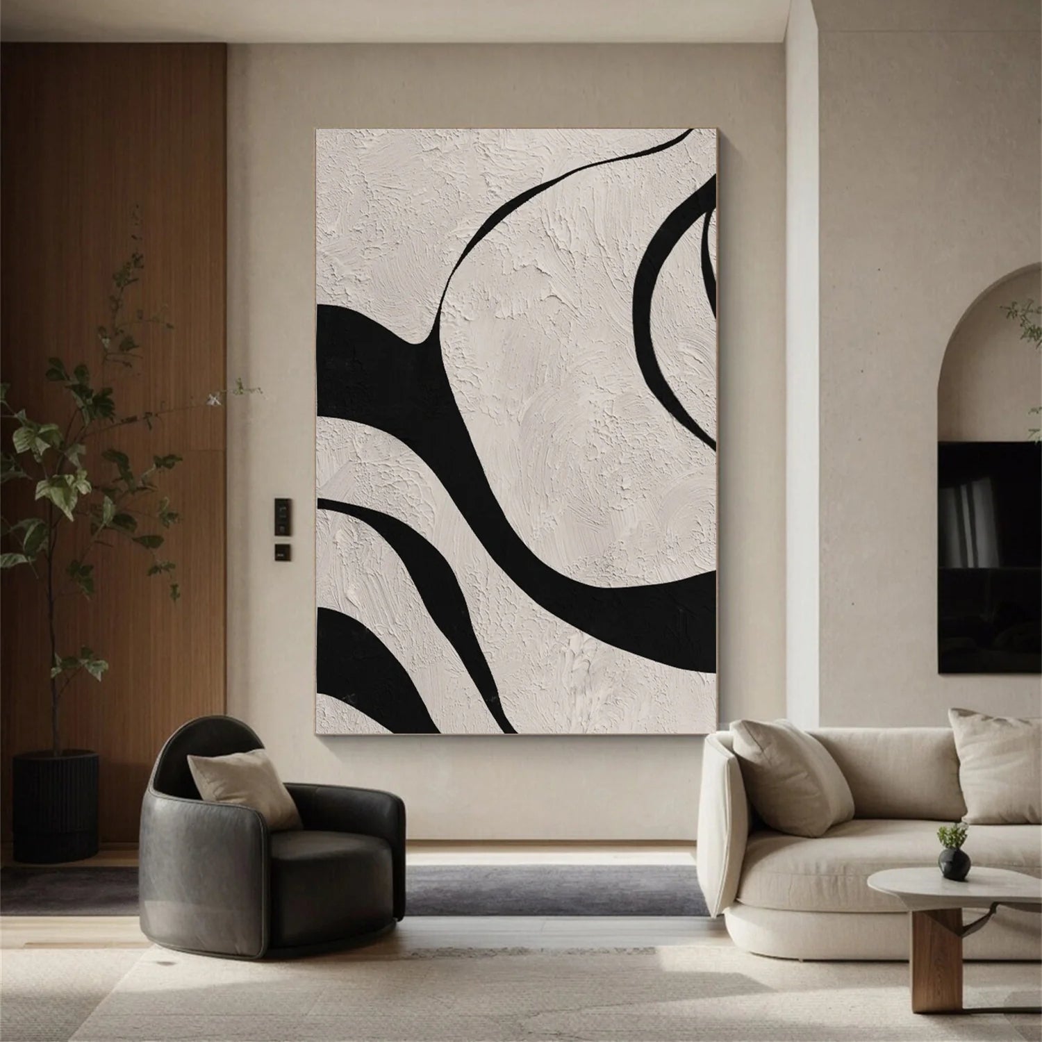 Mono Flow – Hand-Painted Black and White Bold Curve Abstract Minimalist Painting | Bold Minimalist Bedroom & Home Office Art
