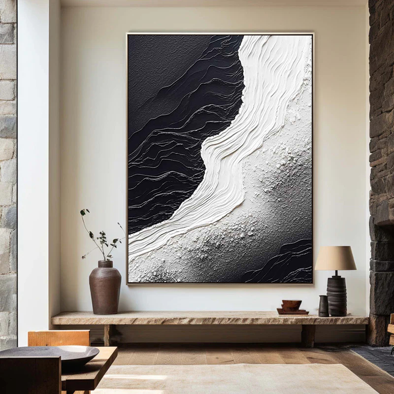 Echo of Monolith – Modern Minimalist Black and White Heavy Textured Painting | Wabi-Sabi Abstract Hallway Art