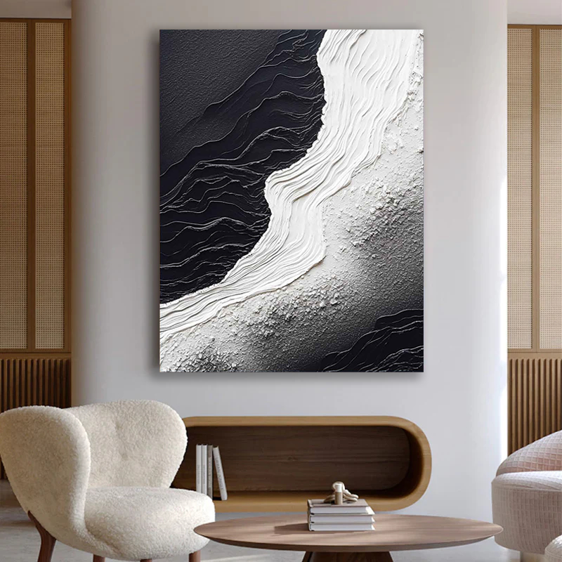 Echo of Monolith – Modern Minimalist Black and White Heavy Textured Painting | Wabi-Sabi Abstract Hallway Art