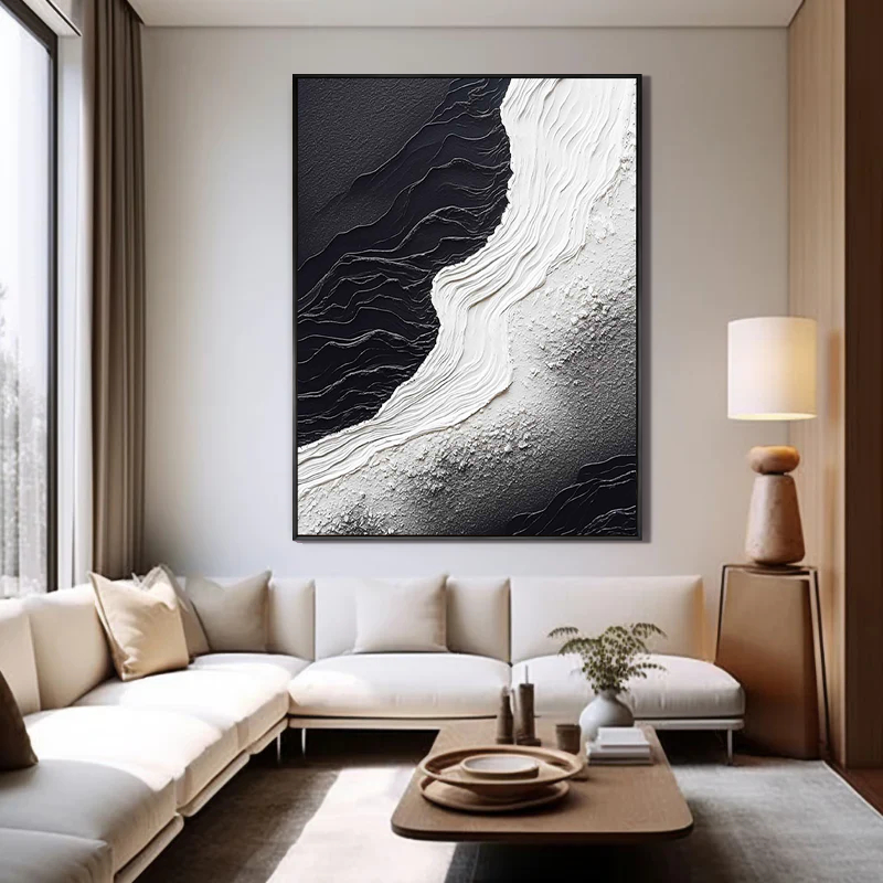 Echo of Monolith – Modern Minimalist Black and White Heavy Textured Painting | Wabi-Sabi Abstract Hallway Art