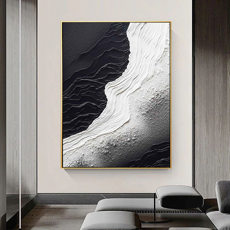 Echo of Monolith – Modern Minimalist Black and White Heavy Textured Painting | Wabi-Sabi Abstract Hallway Art
