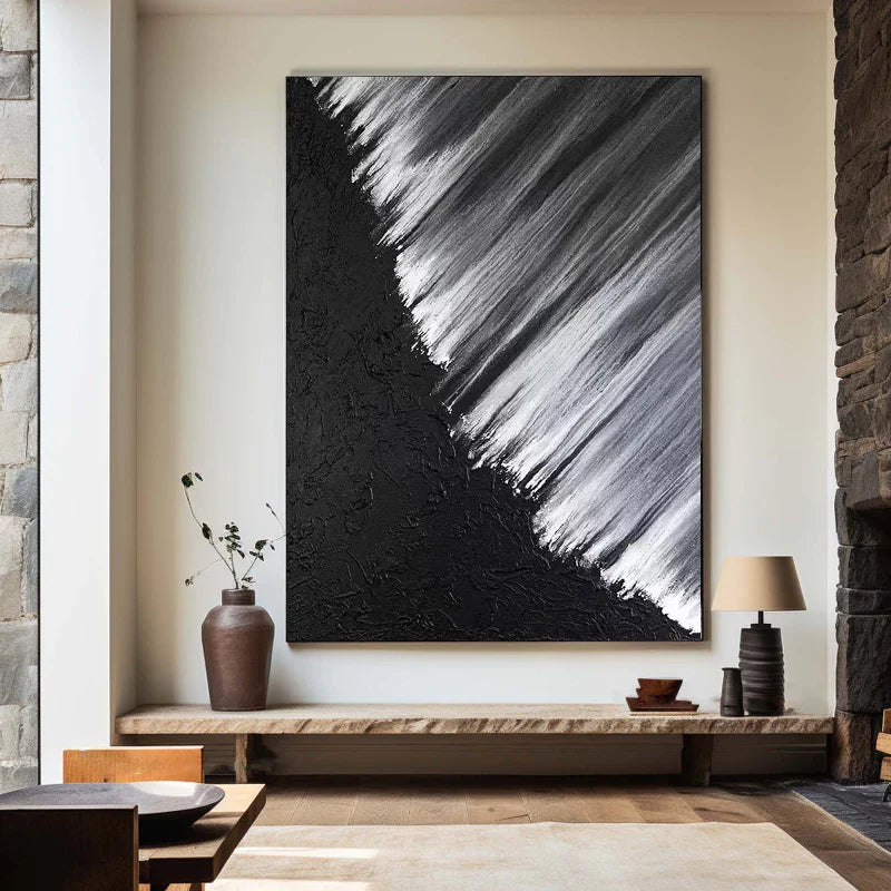 METALLIC SWEEP: Minimalist Wall Art, Hand-Painted Black Plaster and Silver Brush Stroke 3D Heavy Texture Studio Art