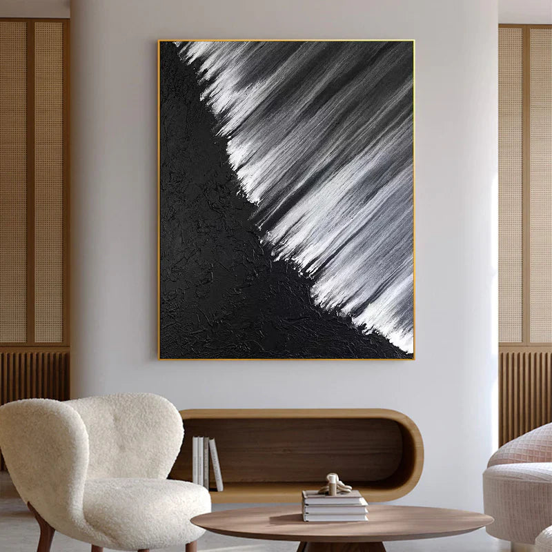 METALLIC SWEEP: Minimalist Wall Art, Hand-Painted Black Plaster and Silver Brush Stroke 3D Heavy Texture Studio Art