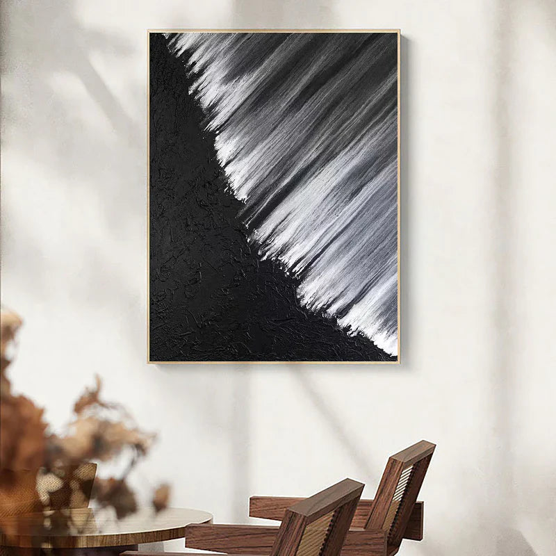 METALLIC SWEEP: Minimalist Wall Art, Hand-Painted Black Plaster and Silver Brush Stroke 3D Heavy Texture Studio Art