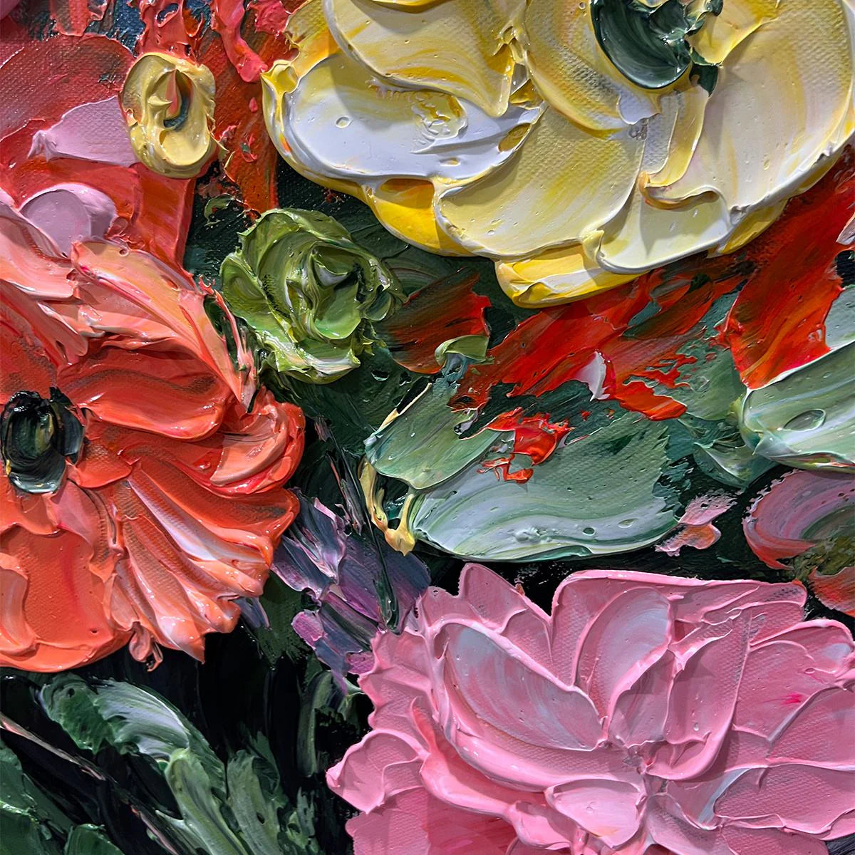 Vibrant Bloom – Hand-Painted Multicolored Yellow and Orange Heavy Texture Palette Knife Floral Painting | Vibrant Botanical Living Room & Dining Room Art