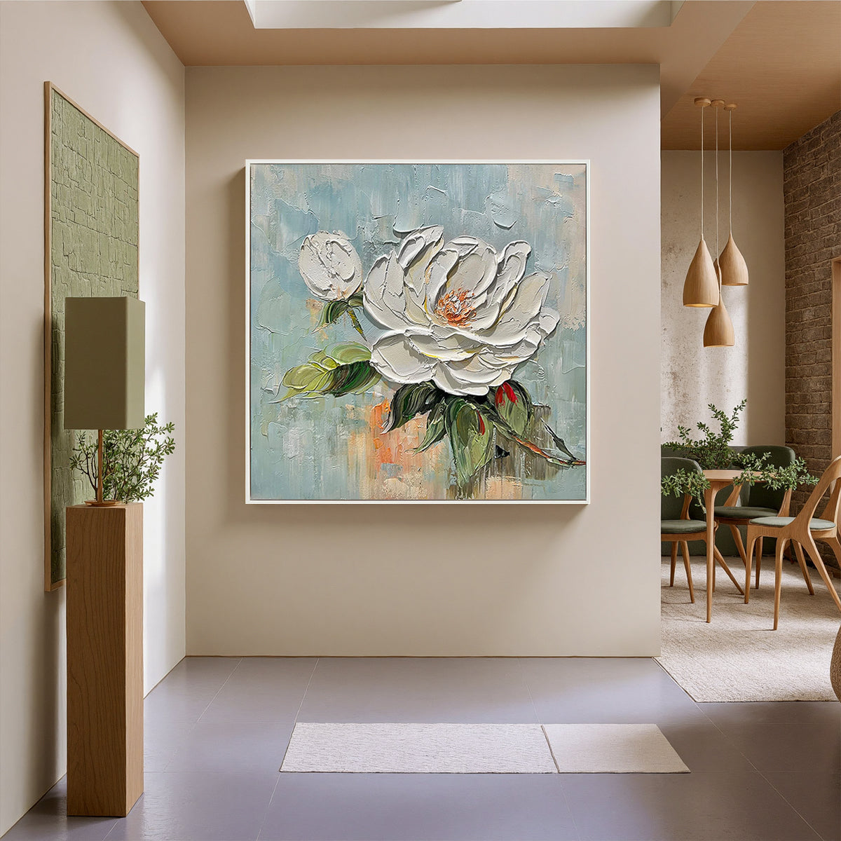 Blooming Muse – White Petal Relief Oil Texture Painting | Contemporary Botanical Bedroom & Living Room Art
