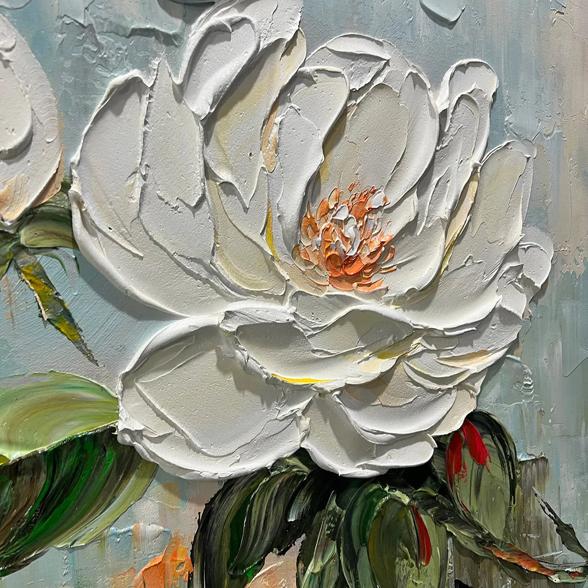 Blooming Muse – White Petal Relief Oil Texture Painting | Contemporary Botanical Bedroom & Living Room Art