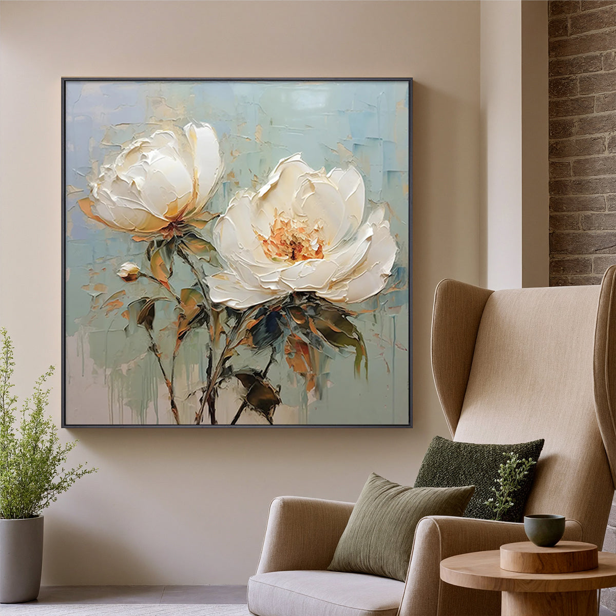 Ivory Duo – Modern Floral Palette Knife Texture Painting | Soft Organic Botanical Bedroom & Living Room Art