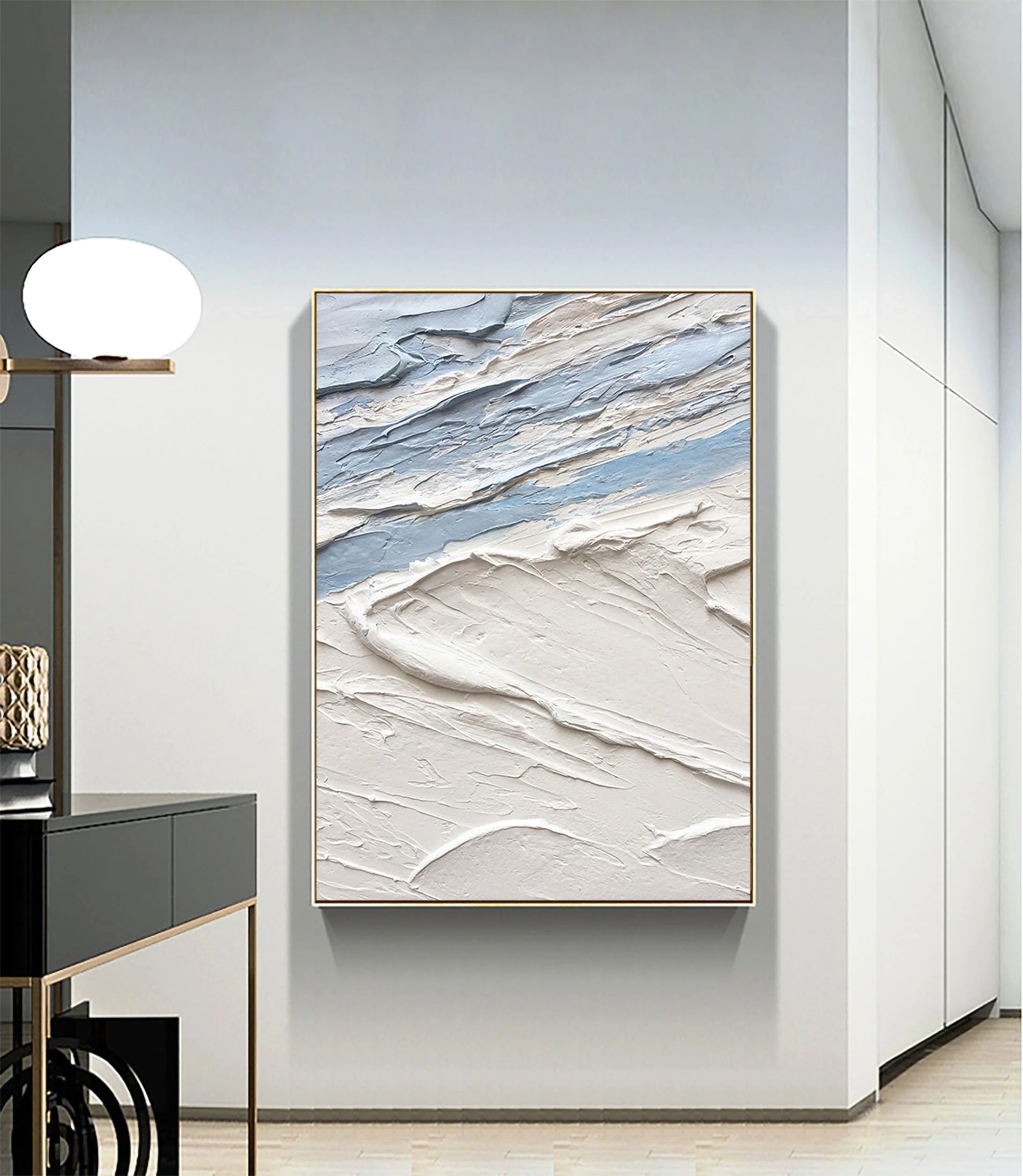 ARCTIC DRIFT: Texture Wall Art, Hand-Painted White and Icy Blue 3D Impasto Palette Knife Heavy Texture Canvas Painting