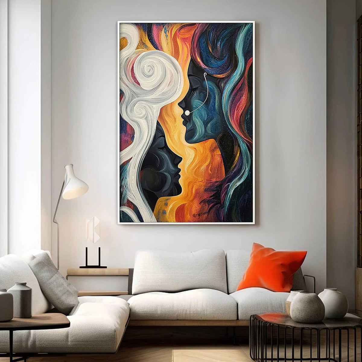 Mystic Faces – Hand-Painted Multicolored Surrealist Face Profile Portrait Painting | Bold Expressionist Living Room & Dining Room Art