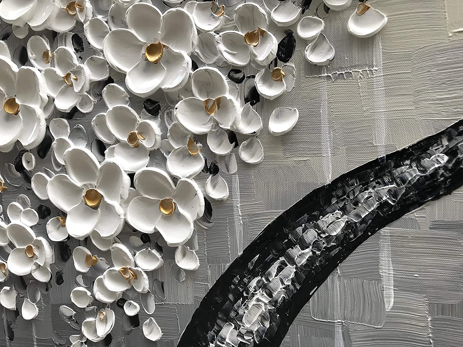 Alabaster Serenade – Modern Ash Grey Impasto White Flower Tree | Minimalist Wabi-Sabi Living Room Art