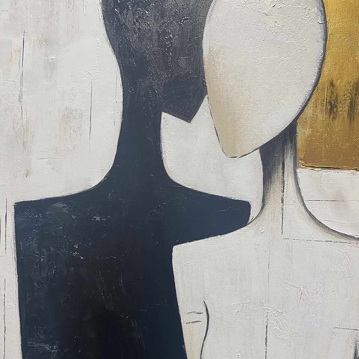 Silhouette Souls – Hand-Painted Black and Beige Abstract Couple Figure Portrait Painting | Contemporary Expressionist Living Room & Office Art