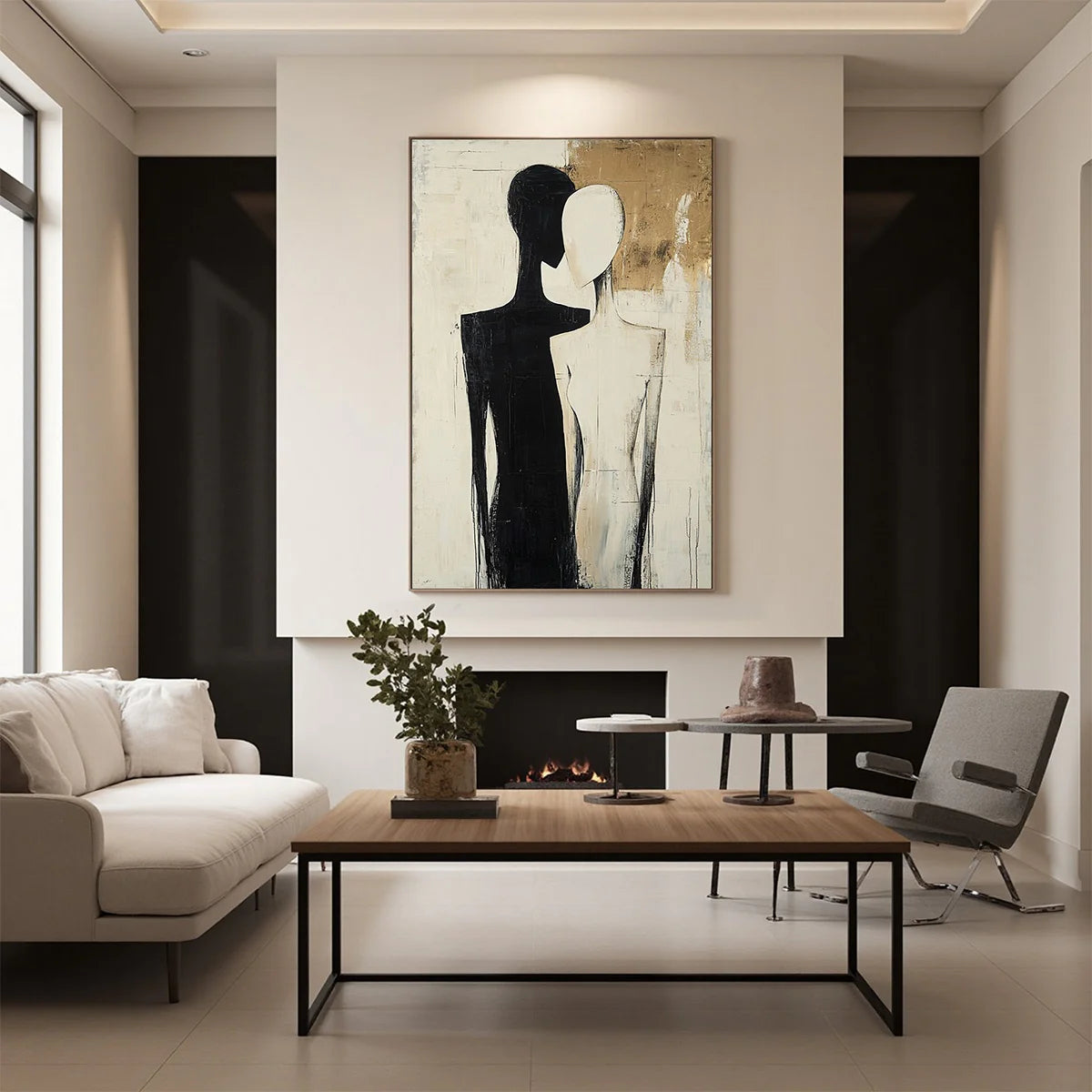 Silhouette Souls – Hand-Painted Black and Beige Abstract Couple Figure Portrait Painting | Contemporary Expressionist Living Room & Office Art