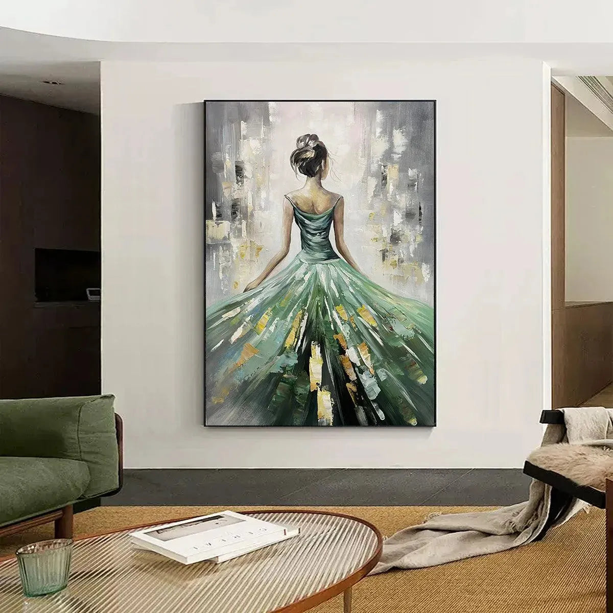 Emerald Radiance – Modern Impressionist Figure Painting | Elegant Woman in Sage Green Gown Bedroom Art