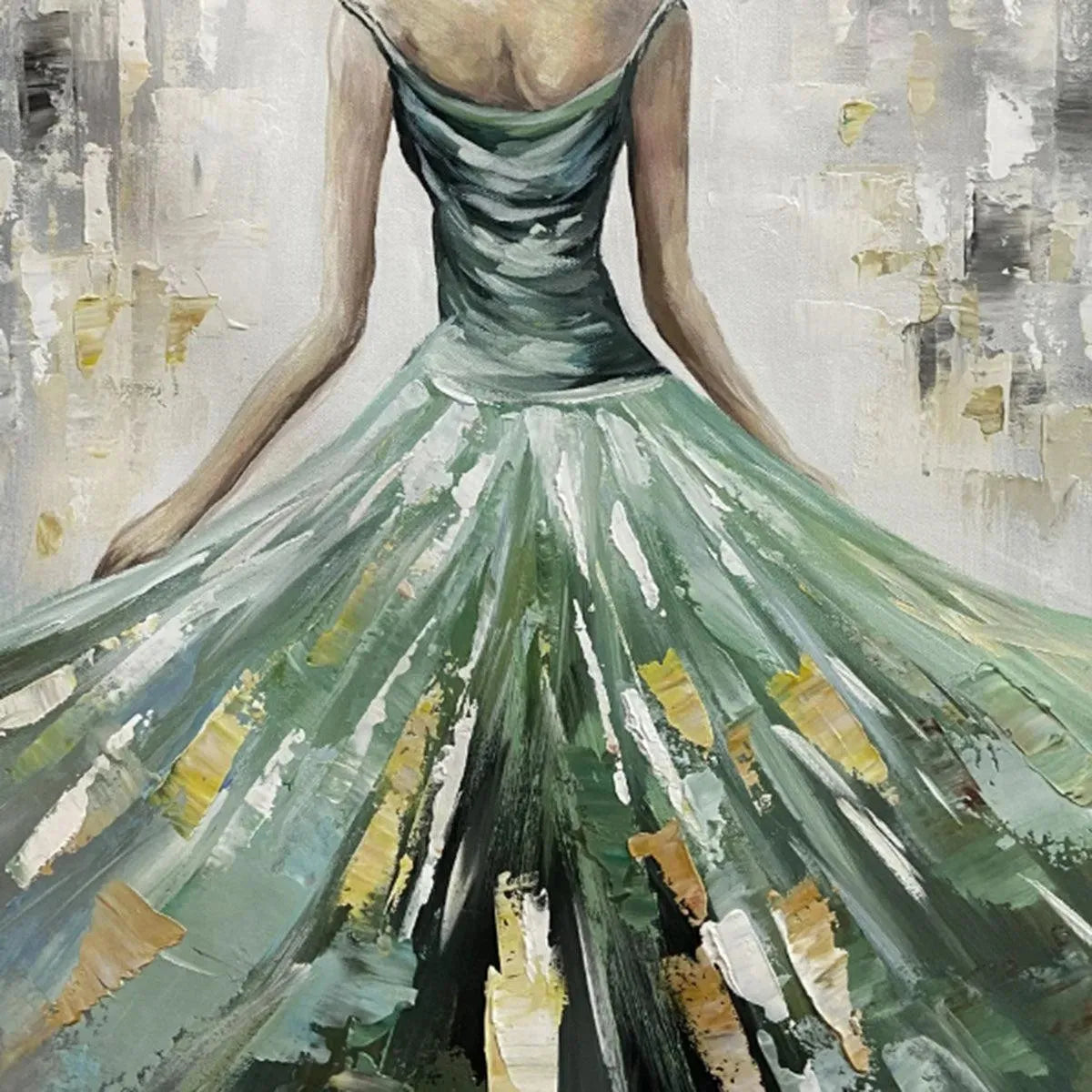 Emerald Radiance – Modern Impressionist Figure Painting | Elegant Woman in Sage Green Gown Bedroom Art