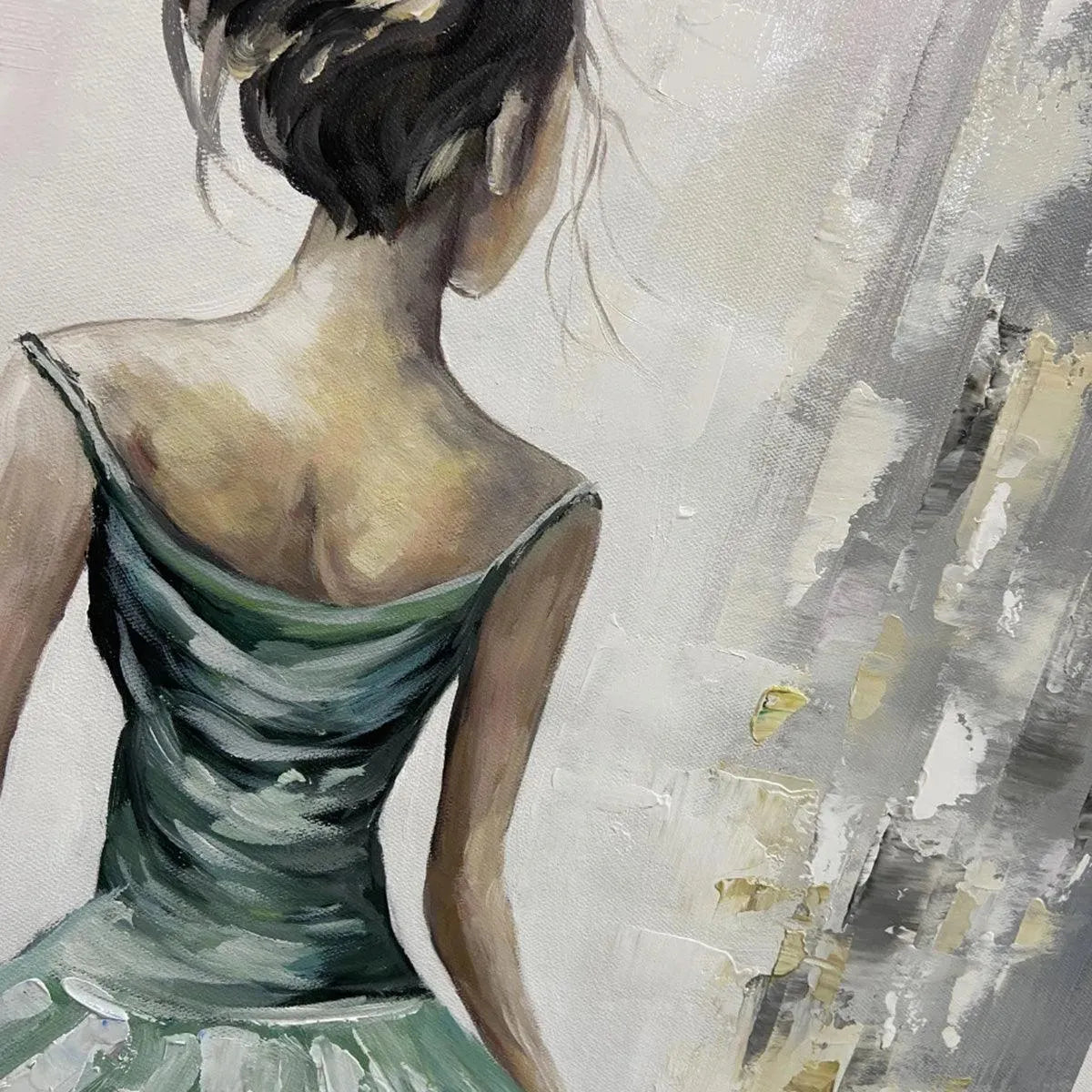 Emerald Radiance – Modern Impressionist Figure Painting | Elegant Woman in Sage Green Gown Bedroom Art