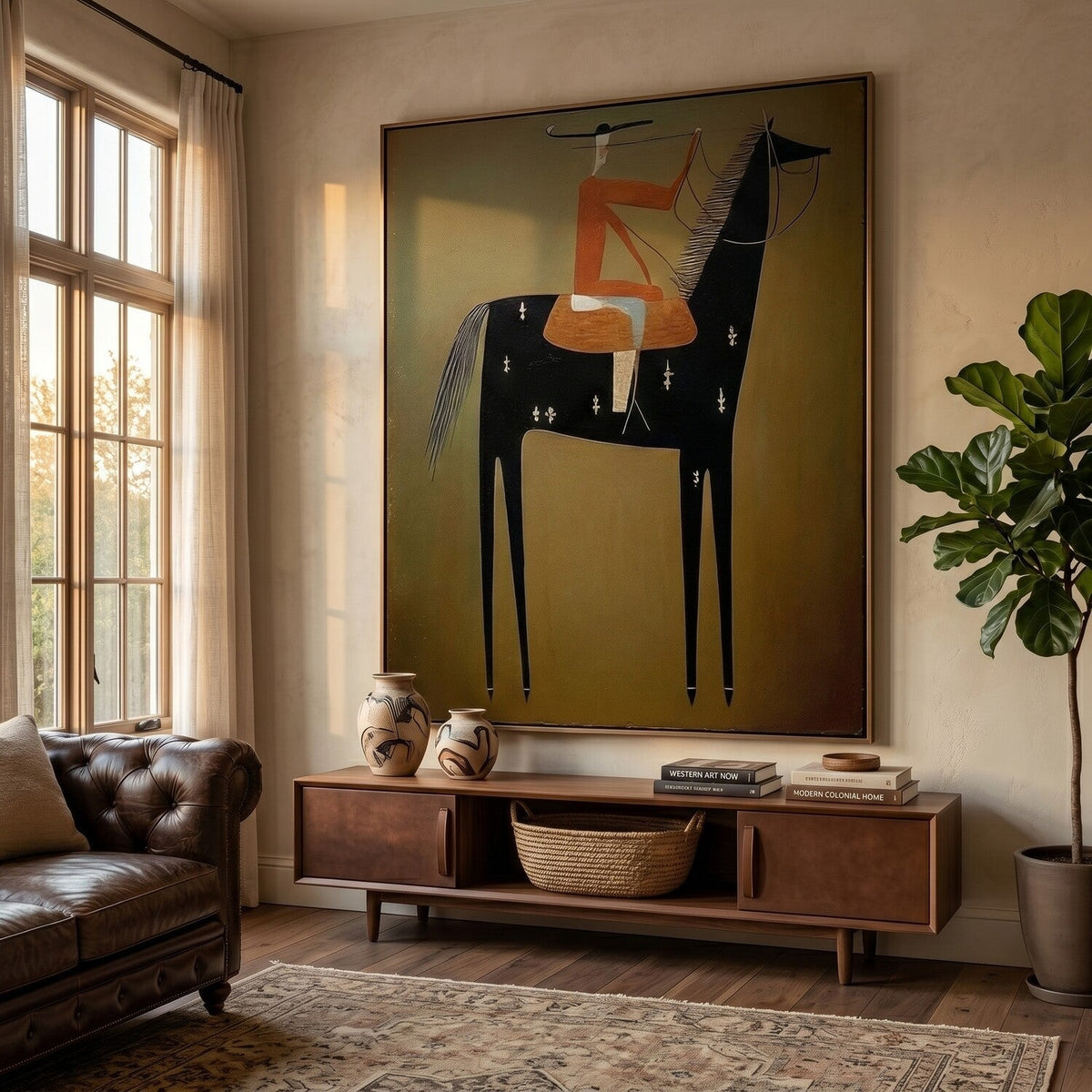 Orange Saddle on Midnight – Modern Western Black Horse Rider Painting | Olive Vertical Wall Art