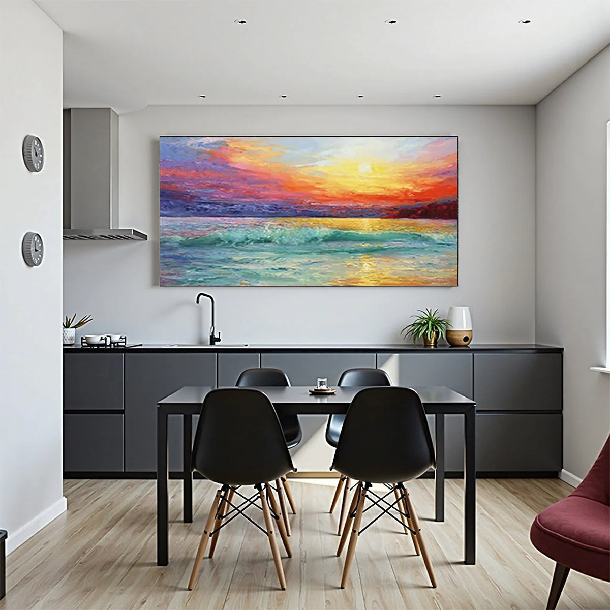Pacific Glow – Hand-Painted Sunset Ocean Wave 3D Landscape Painting | Coastal Modern Living Room & Bedroom Art