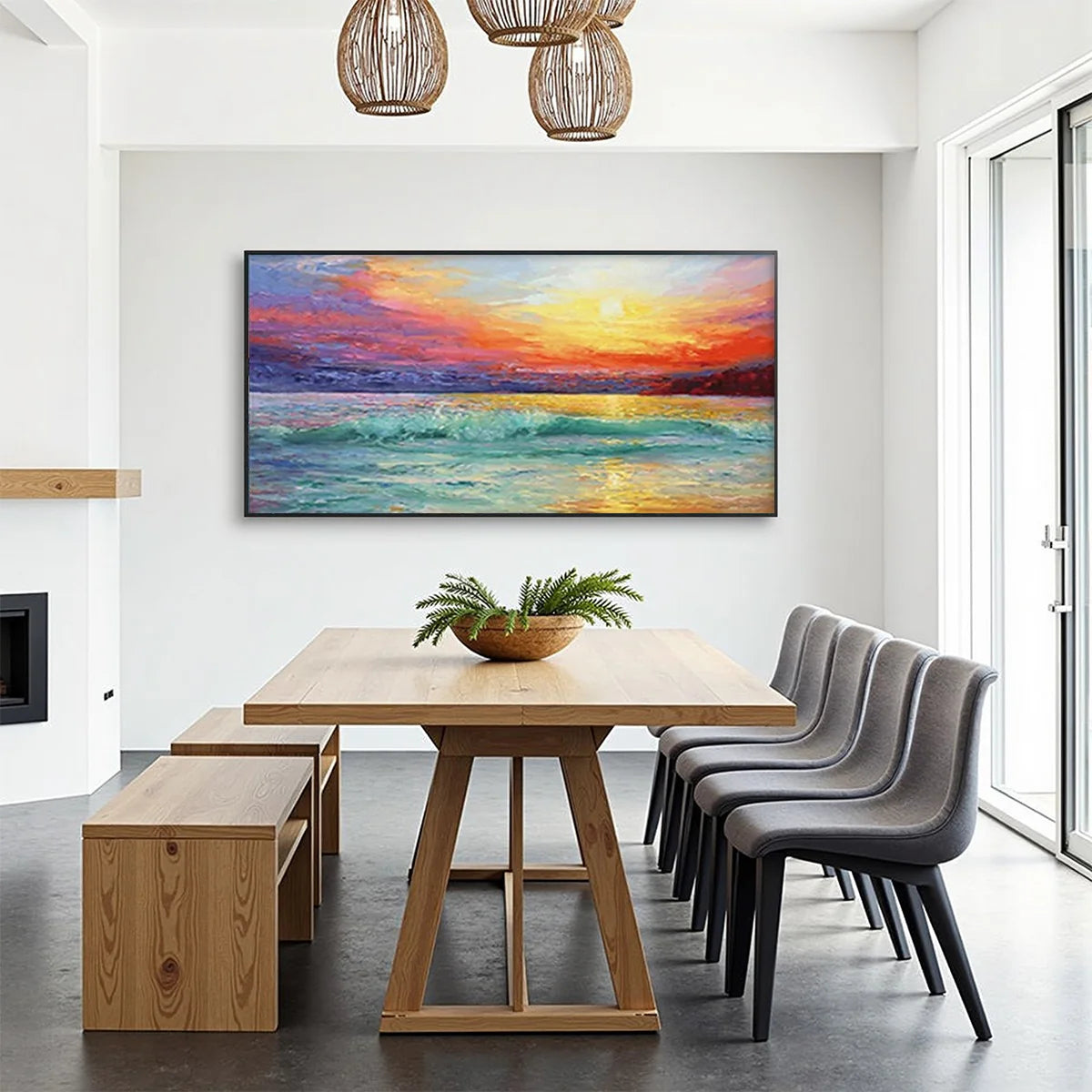 Pacific Glow – Hand-Painted Sunset Ocean Wave 3D Landscape Painting | Coastal Modern Living Room & Bedroom Art