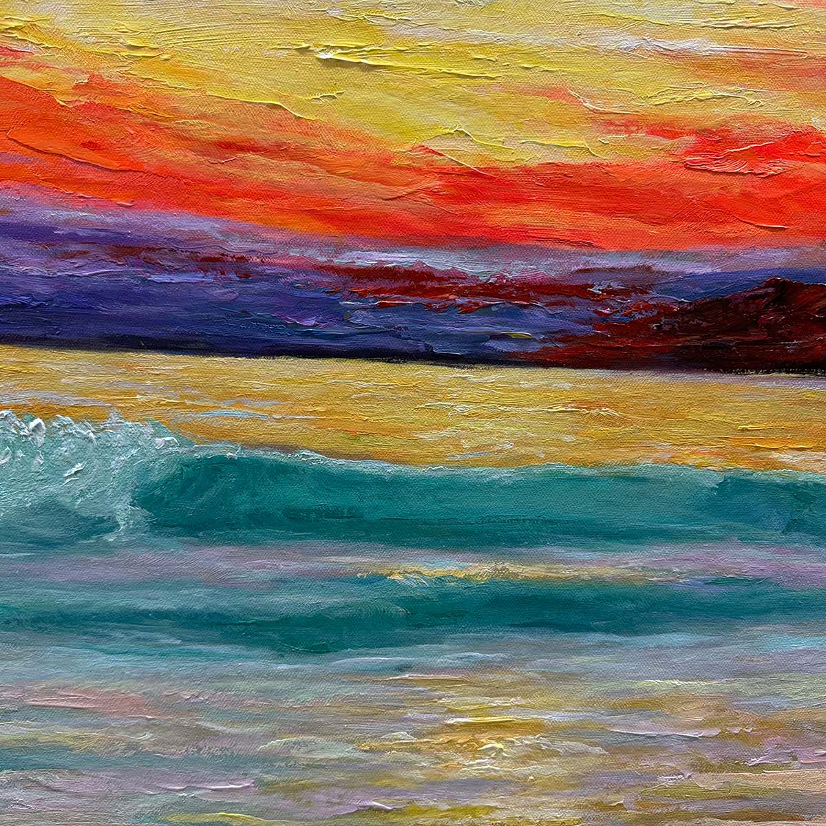 Pacific Glow – Hand-Painted Sunset Ocean Wave 3D Landscape Painting | Coastal Modern Living Room & Bedroom Art