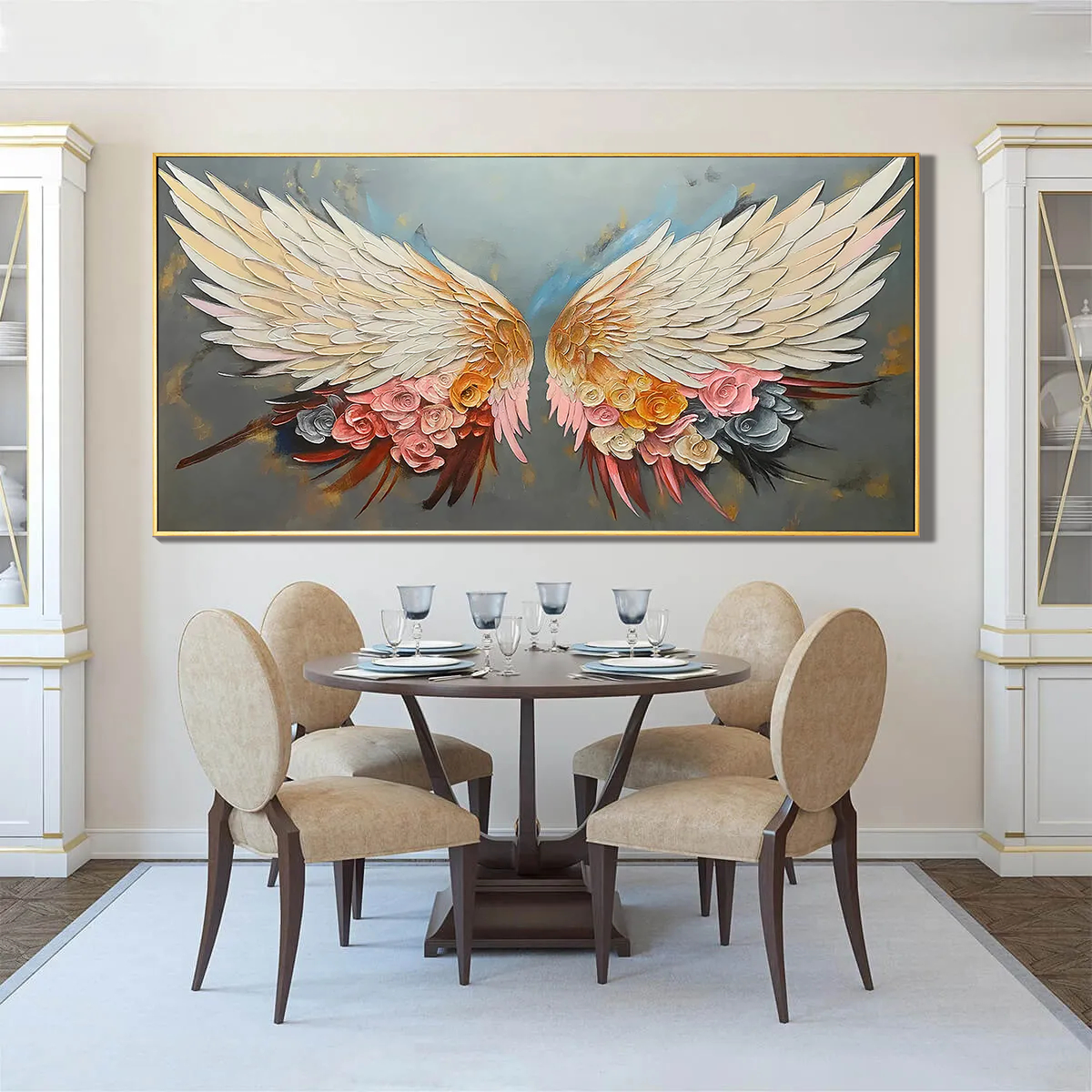Angelic Bloom – White Feather & Pink Floral Relief Texture Painting | Contemporary Botanical Bedroom & Living Room Art
