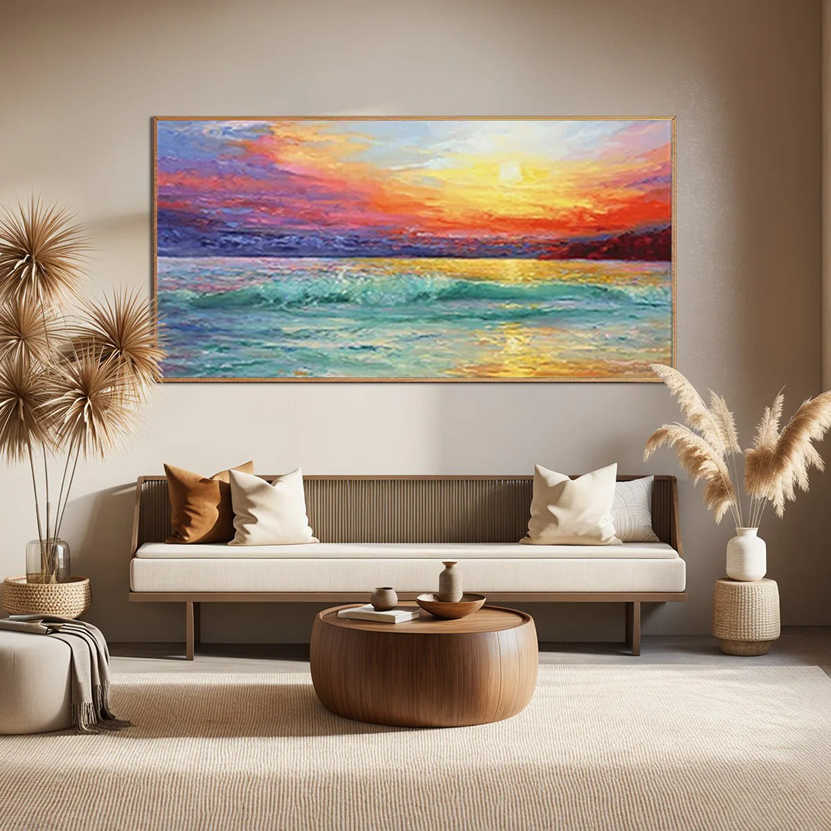Pacific Glow – Hand-Painted Sunset Ocean Wave 3D Landscape Painting | Coastal Modern Living Room & Bedroom Art