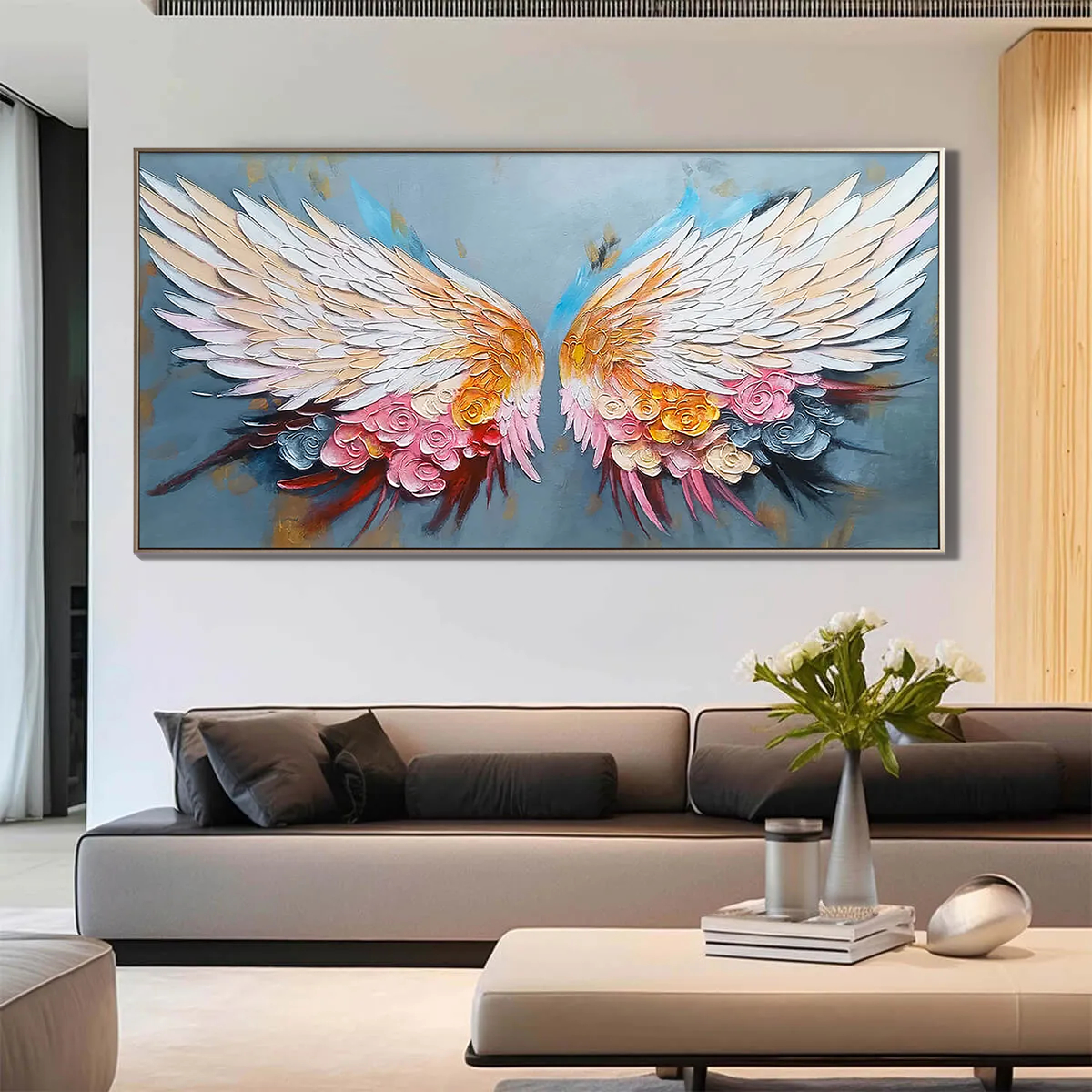 Celestial Wings – Hand-Painted Floral Palette Knife 3D Angel Painting | Contemporary Botanical Bedroom & Living Room Art