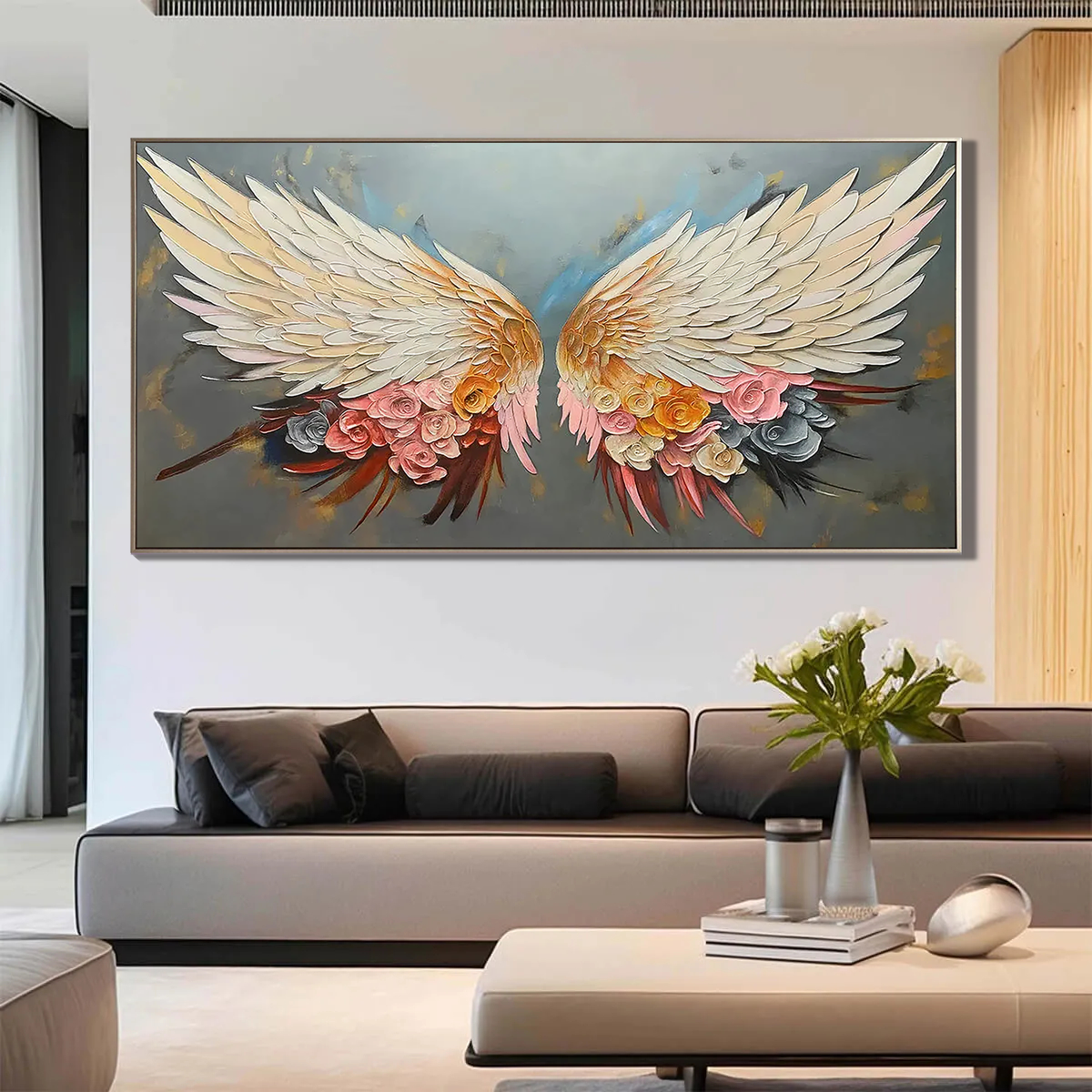Angelic Bloom – White Feather & Pink Floral Relief Texture Painting | Contemporary Botanical Bedroom & Living Room Art