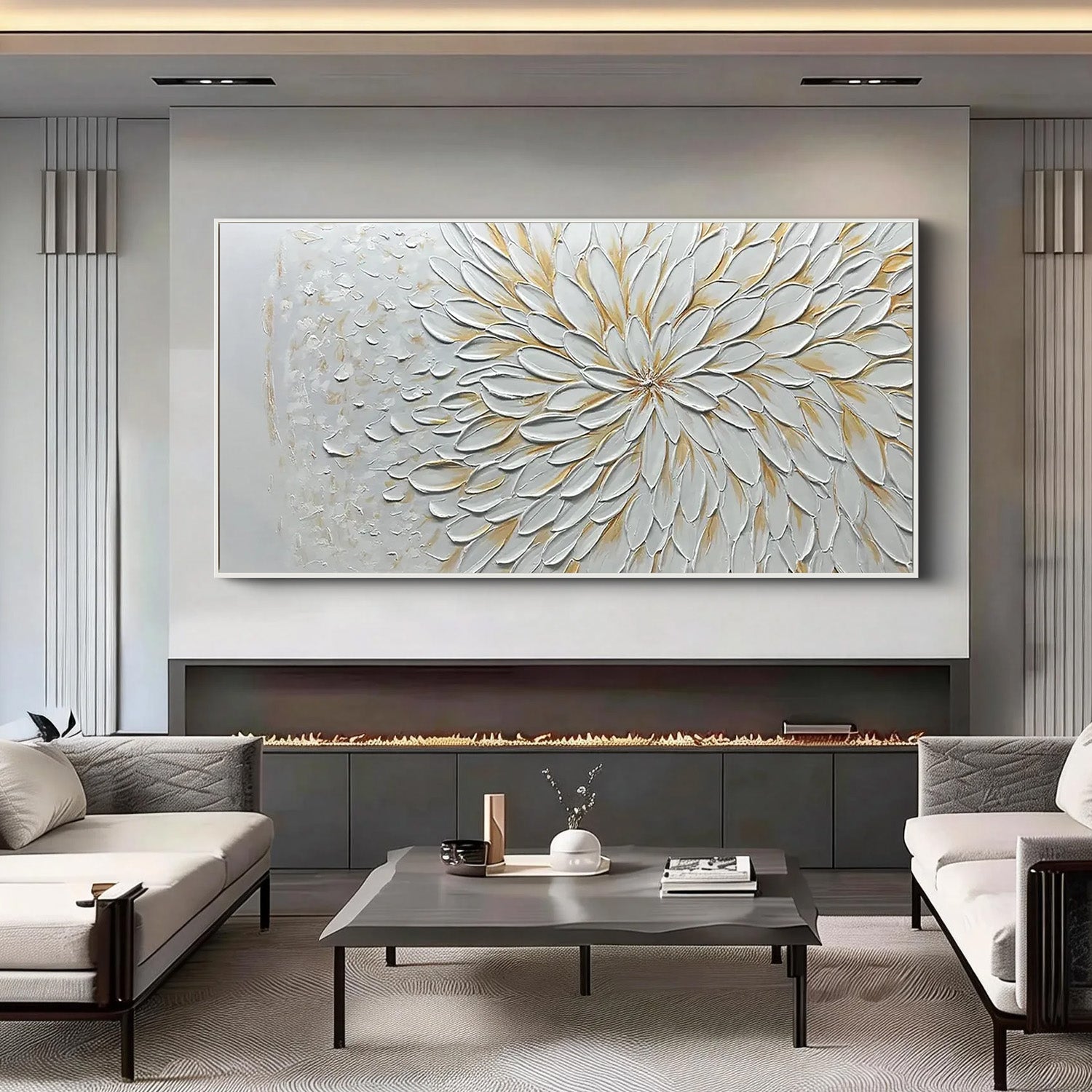 Eternal Radiance – 3D Impasto White Sunburst Heavy Texture Hand-Painted Floral Painting | Contemporary Botanical Bedroom & Living Room Art