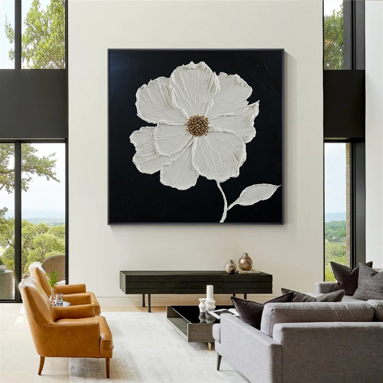 Pure Bloom – Hand-Painted Black and White Minimalist Petal Plaster Relief Floral Painting | Minimalist Botanical Bedroom & Living Room Art