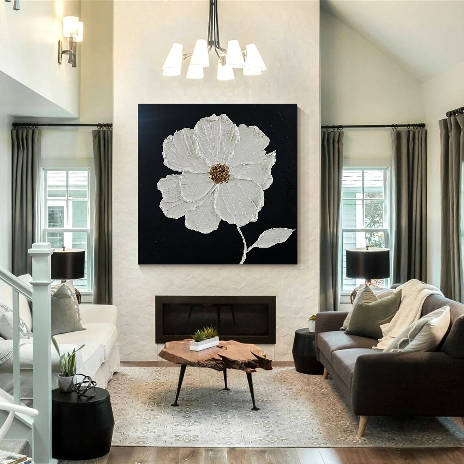Pure Bloom – Hand-Painted Black and White Minimalist Petal Plaster Relief Floral Painting | Minimalist Botanical Bedroom & Living Room Art