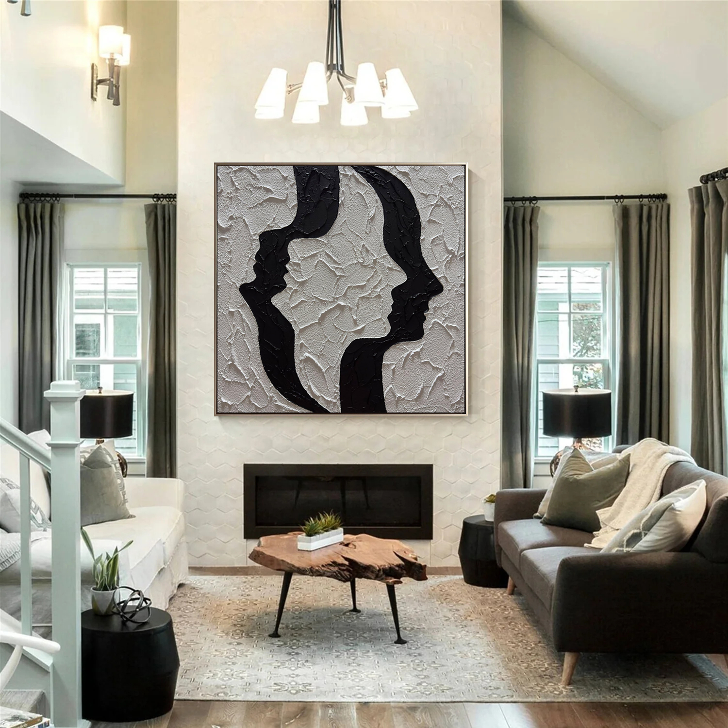 TWIN SOULS: Abstract Wall Art, Hand-Painted Black and White Face Silhouette 3D Plaster Effect Heavy Texture Canvas Painting