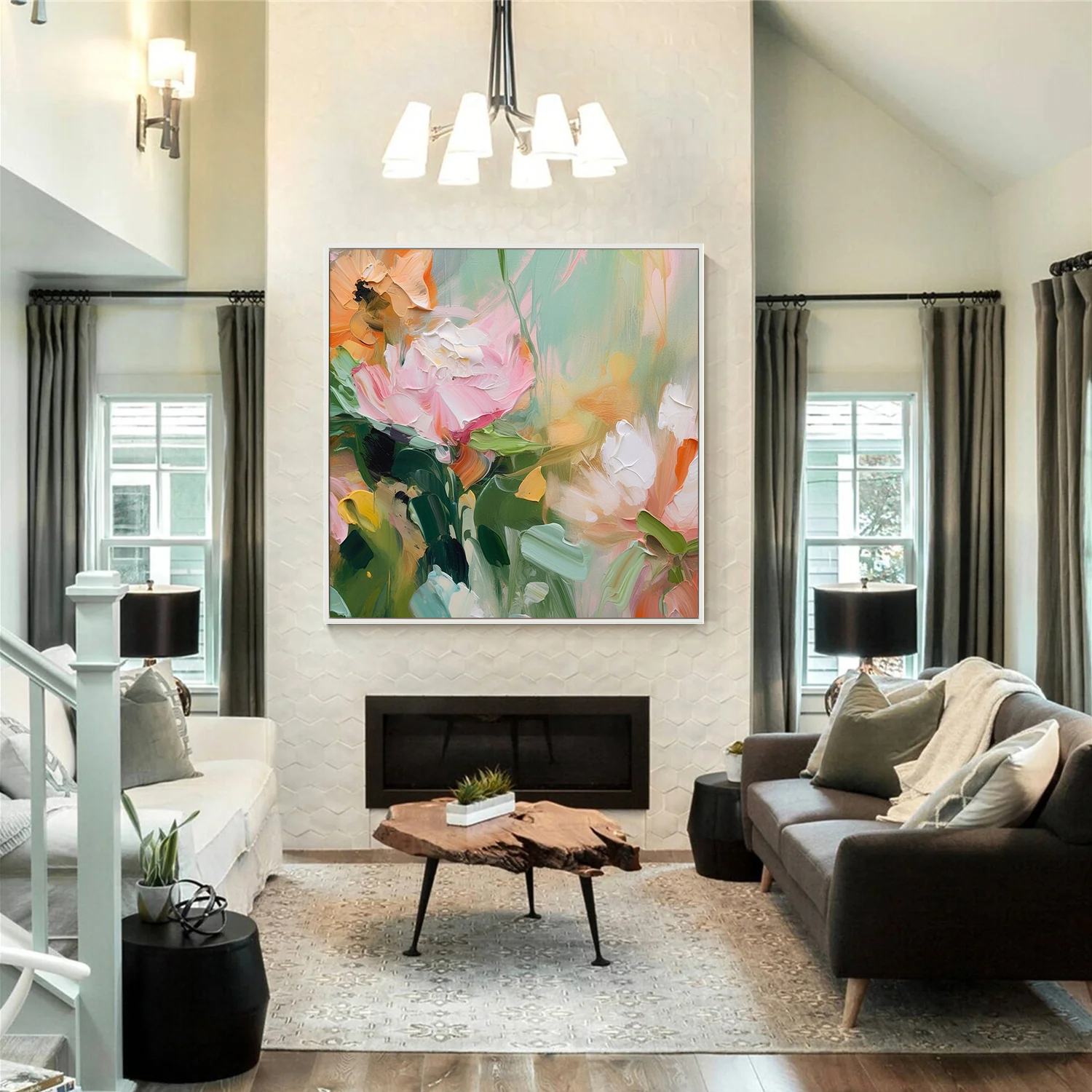 Pastel Whisper – Hand-Painted Impressionist Pink and Sage Green Palette Knife Floral Painting | Tropical Botanical Bedroom & Dining Room Art