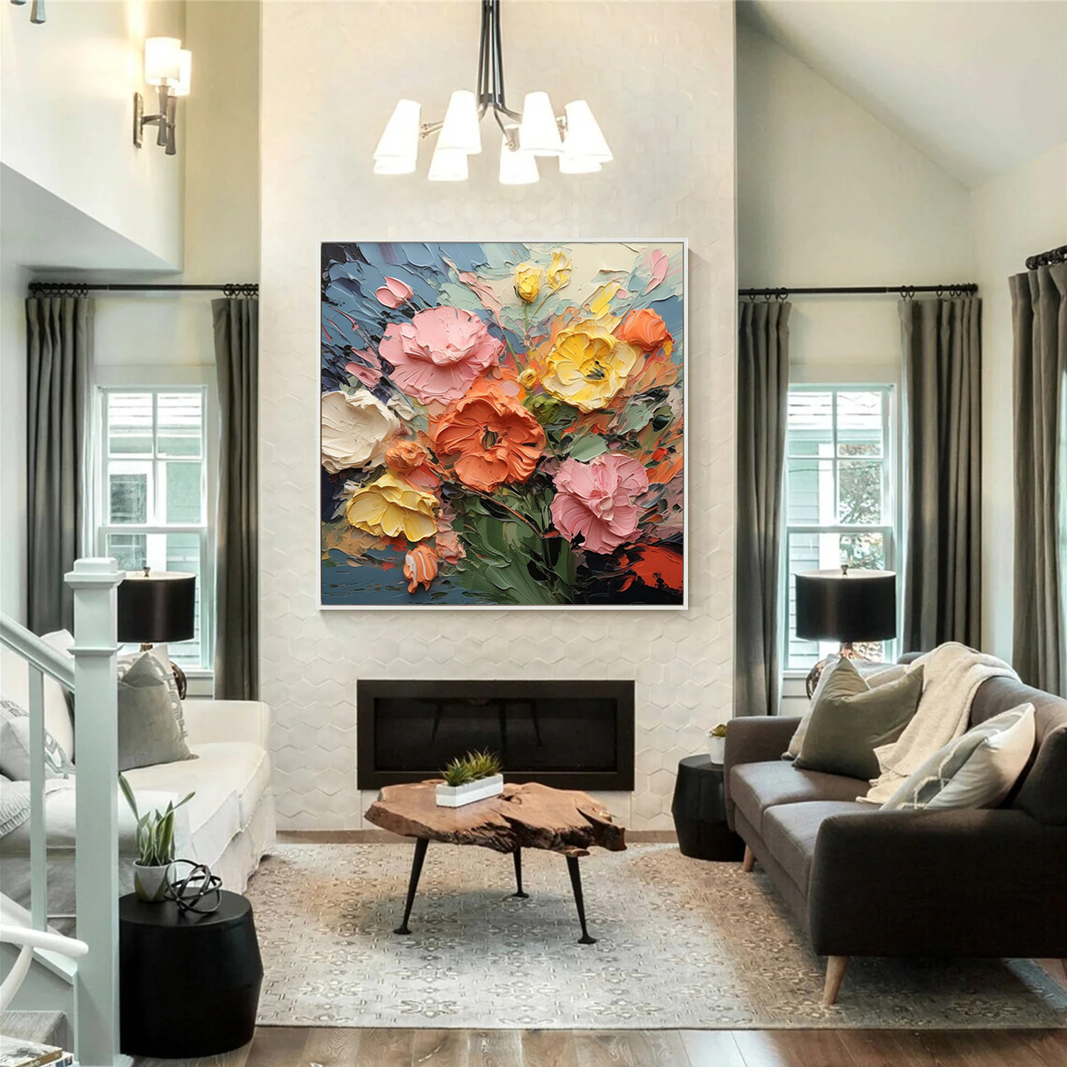 Vibrant Bloom – Hand-Painted Multicolored Yellow and Orange Heavy Texture Palette Knife Floral Painting | Vibrant Botanical Living Room & Dining Room Art
