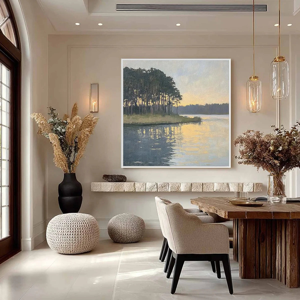 Shattered Gold in the Pines – Impressionist Lakeside Sunset Oil Painting | Serene Landscape Hallway Art