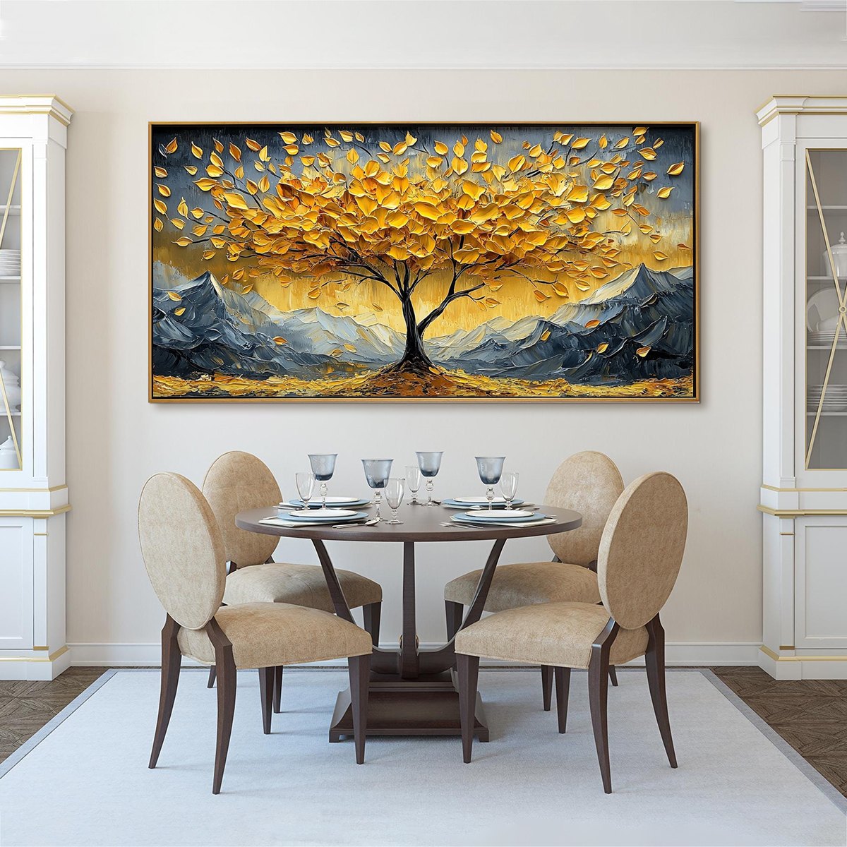 Summit of Gold – Modern Luxury Mountain Tree Oil Painting | Impasto Prosperity Living Room Art