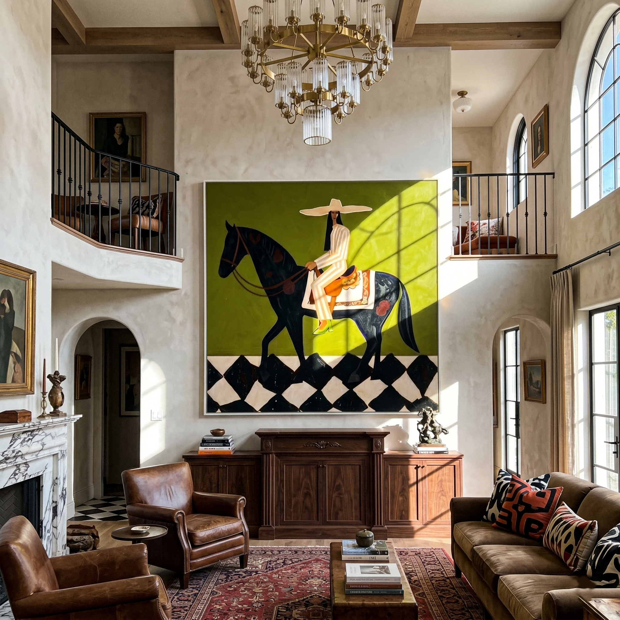 The Emerald Promenade – Modern Olive Green Black Horse Painting | Chic Checkerboard Square Hallway Art
