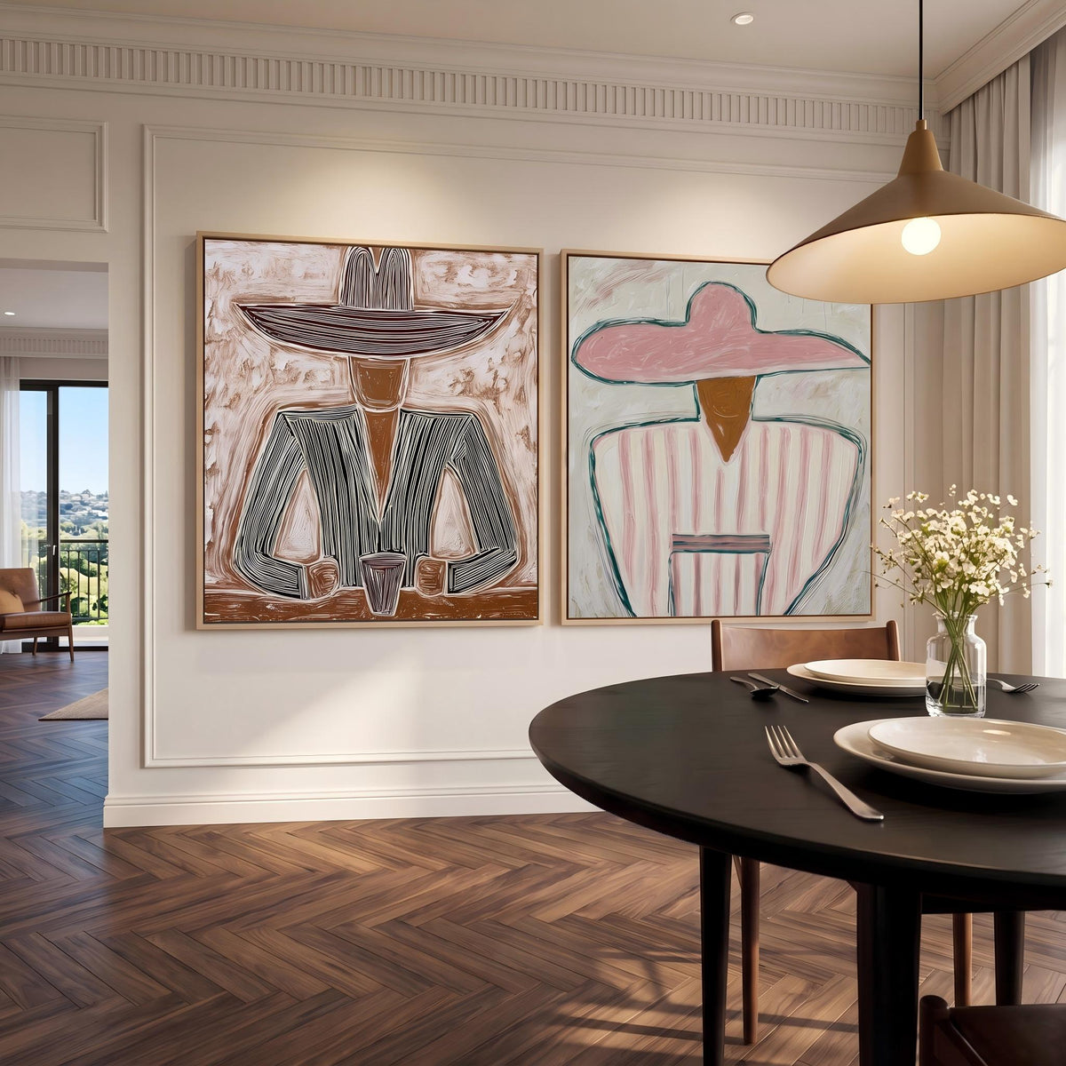 Striped Hats Face West – Cowboy and Cowgirl Diptych | Vintage Americana Square Wall Art