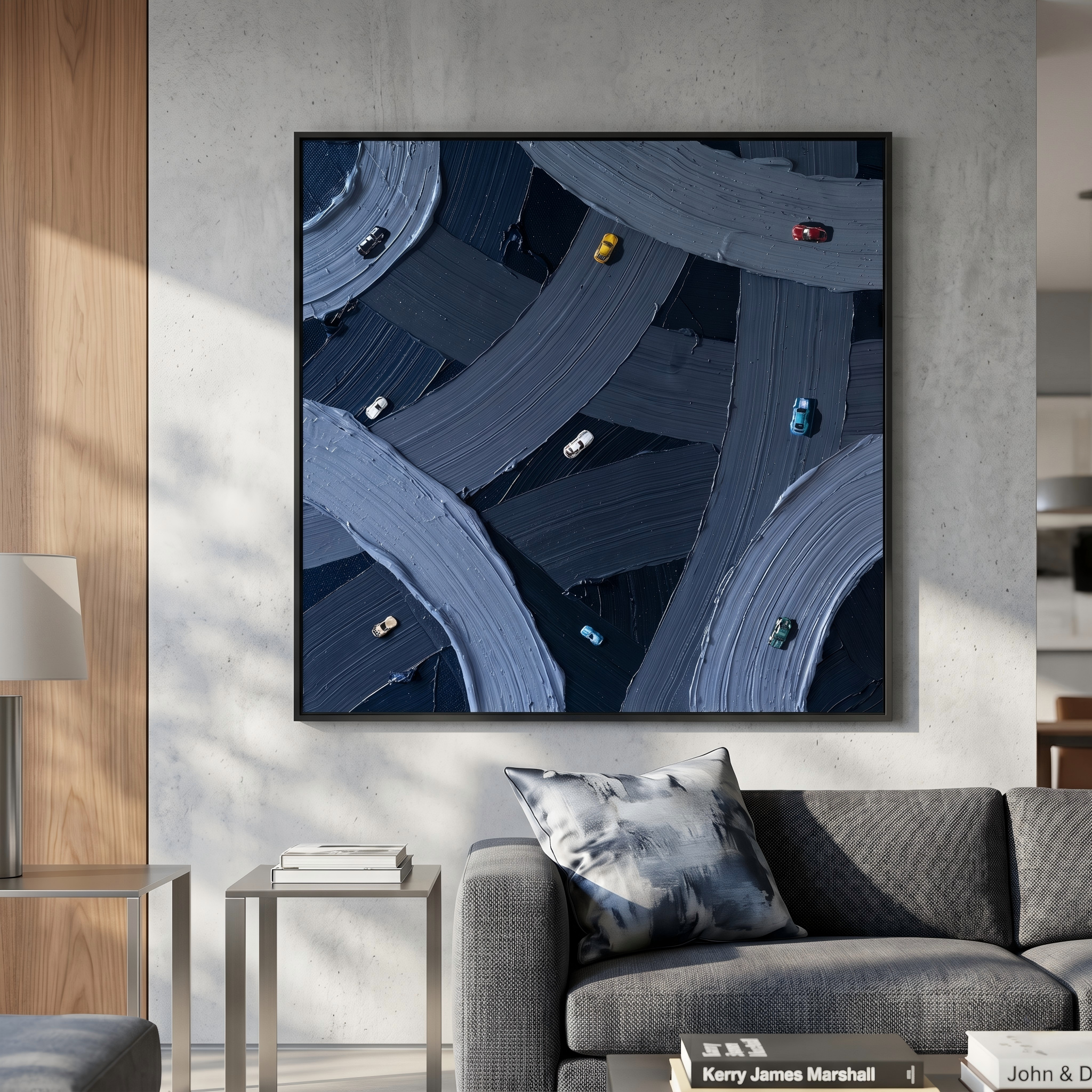 Urban Pulse – Impasto Highway Miniature Car Abstract Canvas | Modern Industrial Office Wall Art