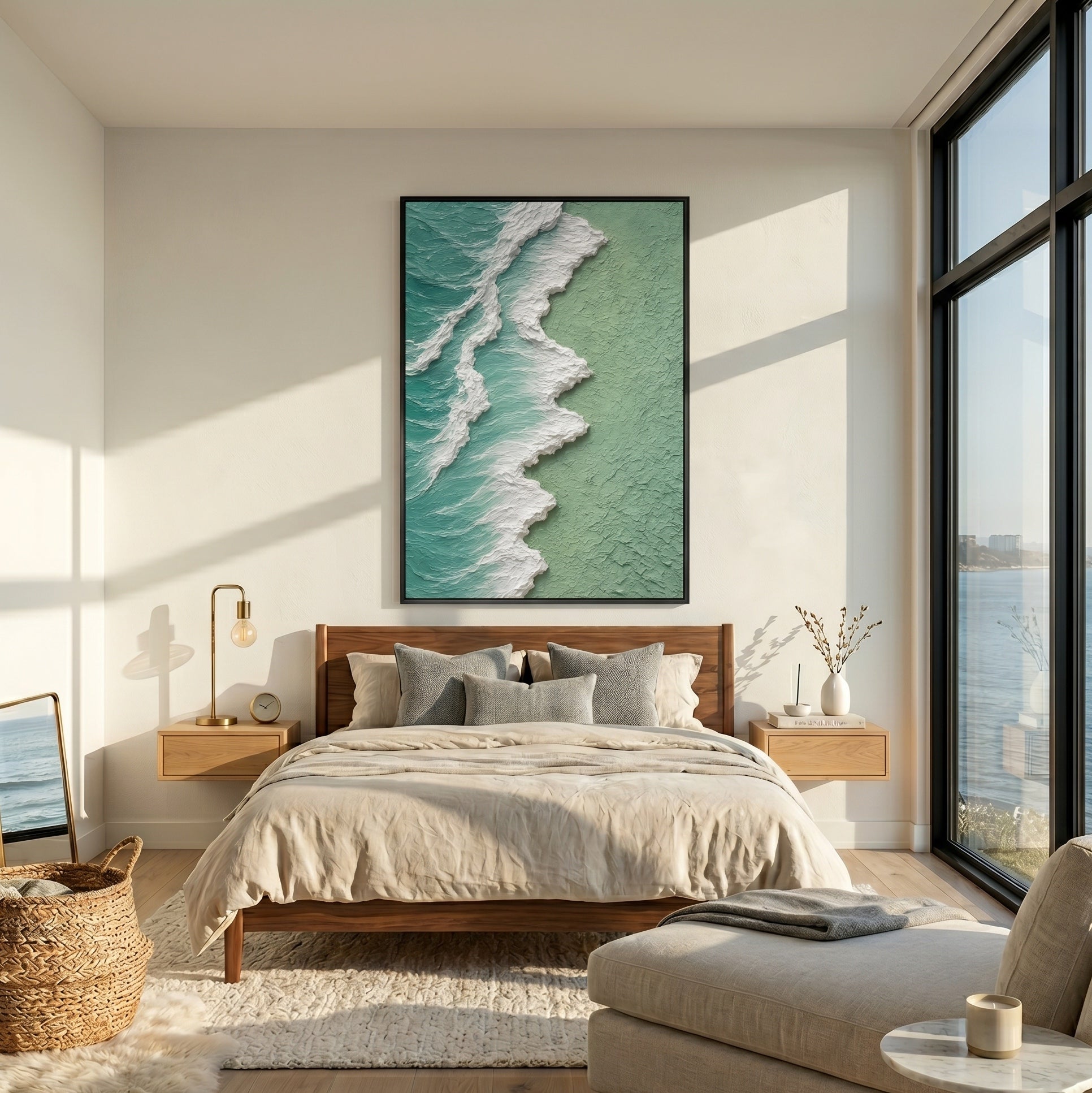Ocean's Pulse – Modern Impasto Textured Painting | Creative Wabi-Sabi Mint Sea Wave Entryway Art