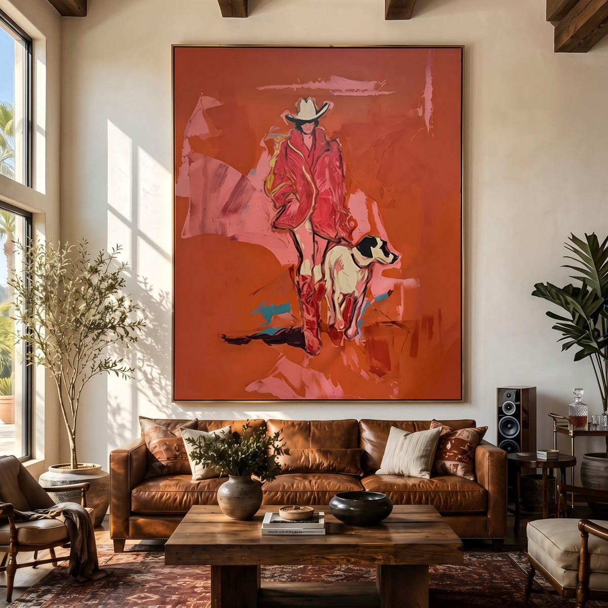 Cowgirl Trails With Dog – Pop Art Cowgirl and Dog Painting | Warm Red Vertical Wall Art